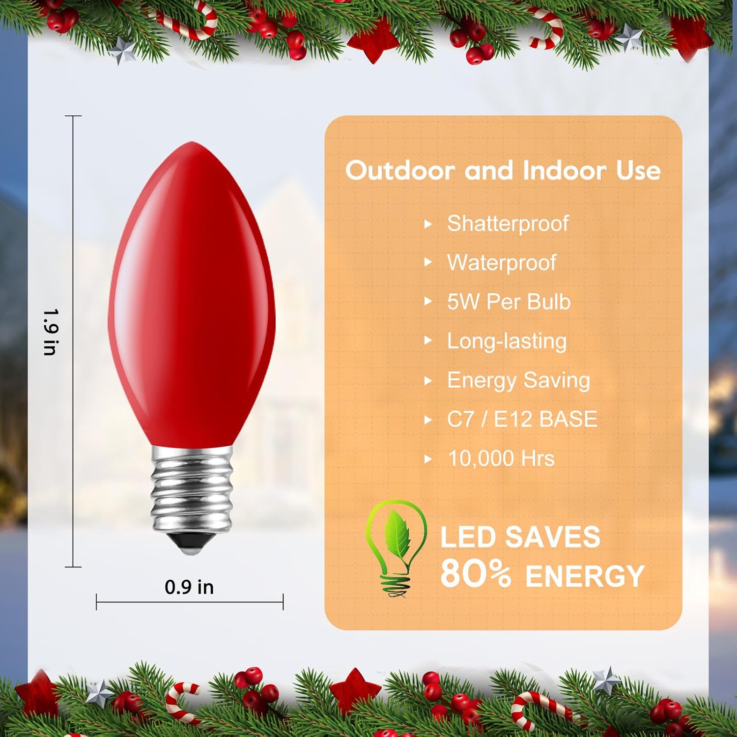 Minetom C7 Red Christmas Replacement Bulbs, C7 Vintage Light Bulbs, E12 Candelabra Base Night Light Bulbs for Christmas Tree String Lights, Holiday Decor