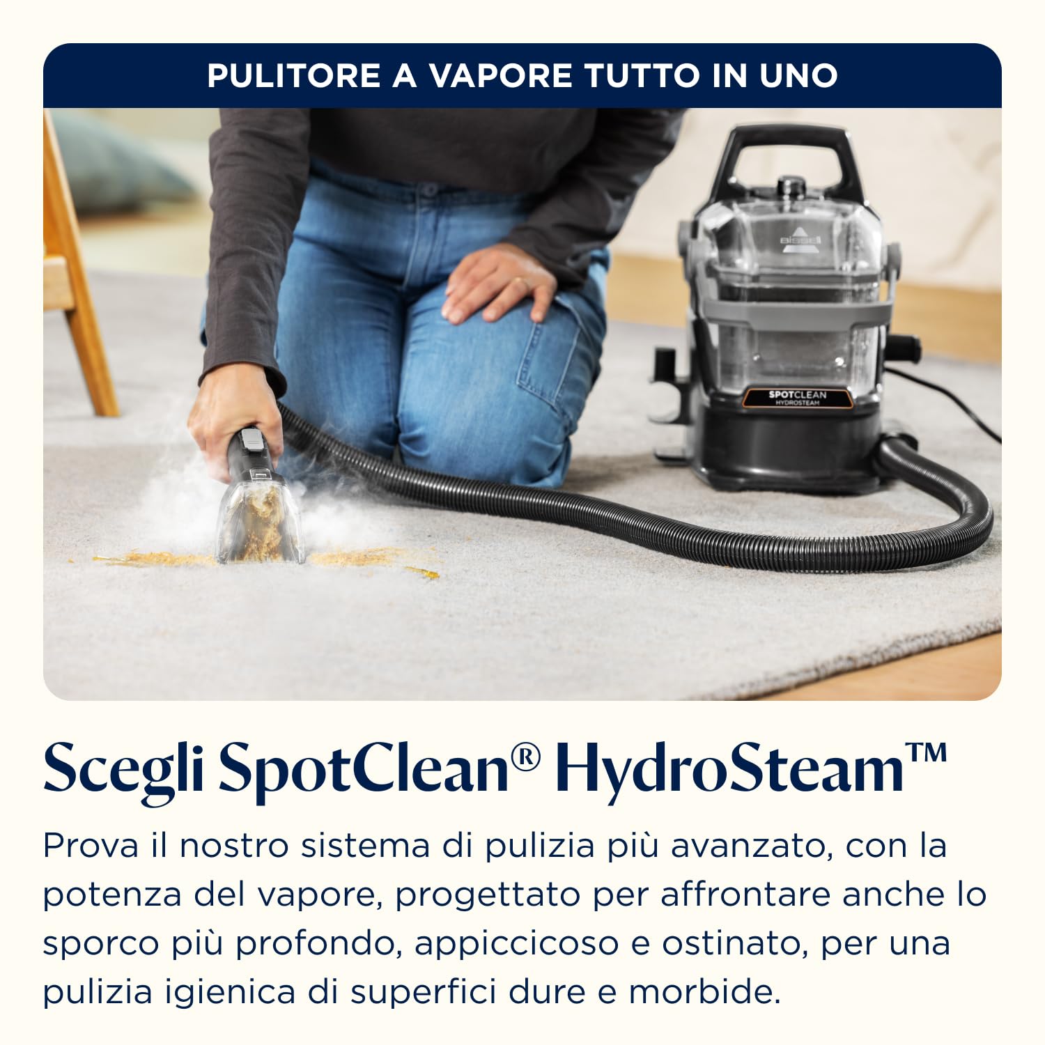 BISSELL SpotClean HydroSteam, Lavatappeti, Pulitore a Vapore con Tecnologia HydroSteam, Lava Tappezzeria per Tappeti, Auto, Divani, Moquette, Materassi e Altro, Potente Motore da 1000W, 3689N