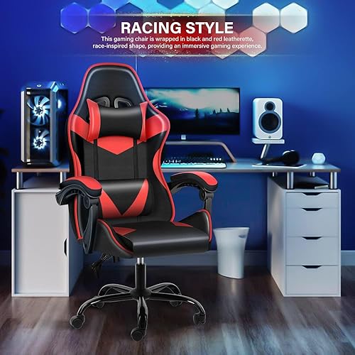 Miniatura 2 de YSSOA Silla de juegos, silla de jugador grande y alta, silla giratoria ajustable estilo carreras, sillas ergonómicas de videojuegos con Rojo