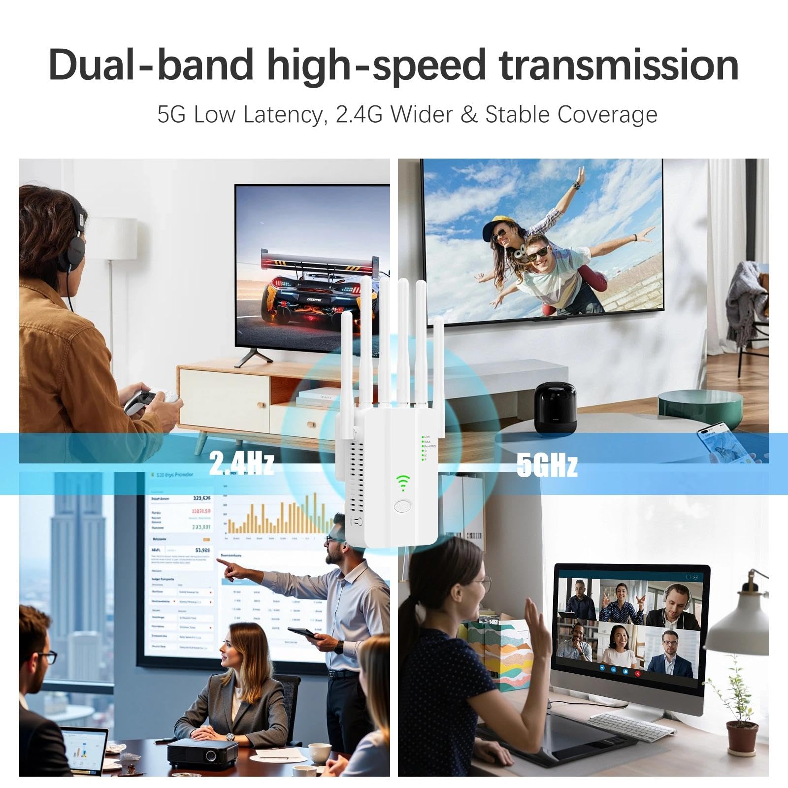 Amplificatore WiFi 1200 Mbps per Casa, Ripetitore Segnale WiFi 2.4GHz/5GHz con 6 Antenne ad Alto Guadagno, Porta LAN Gigabit, Modalità Router/AP, WPS, per Streaming Gaming Online Senza Interruzioni