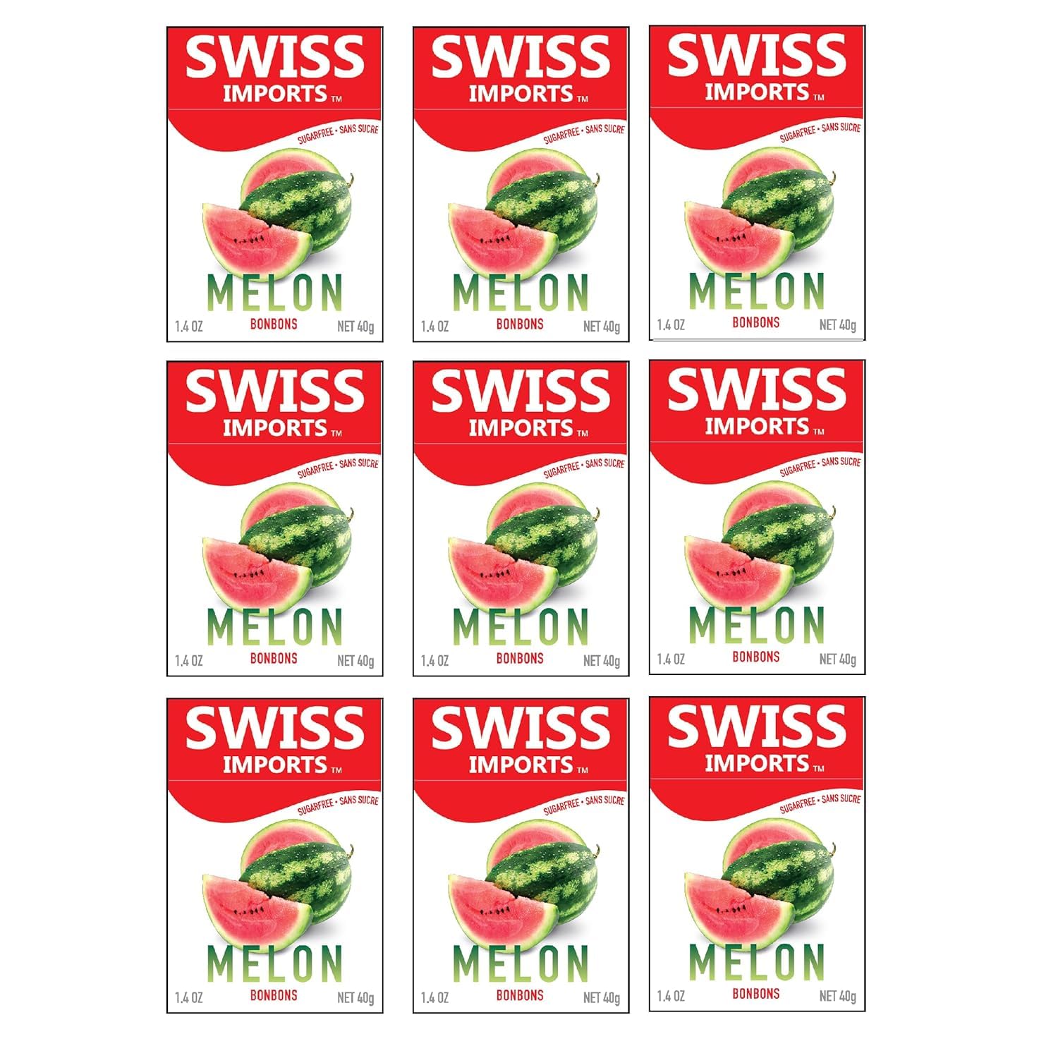 Swiss Imports Sugar Free Bonbons Hard Candy Drops, Watermelon, 1.4 oz/40g Box, 9 Pack