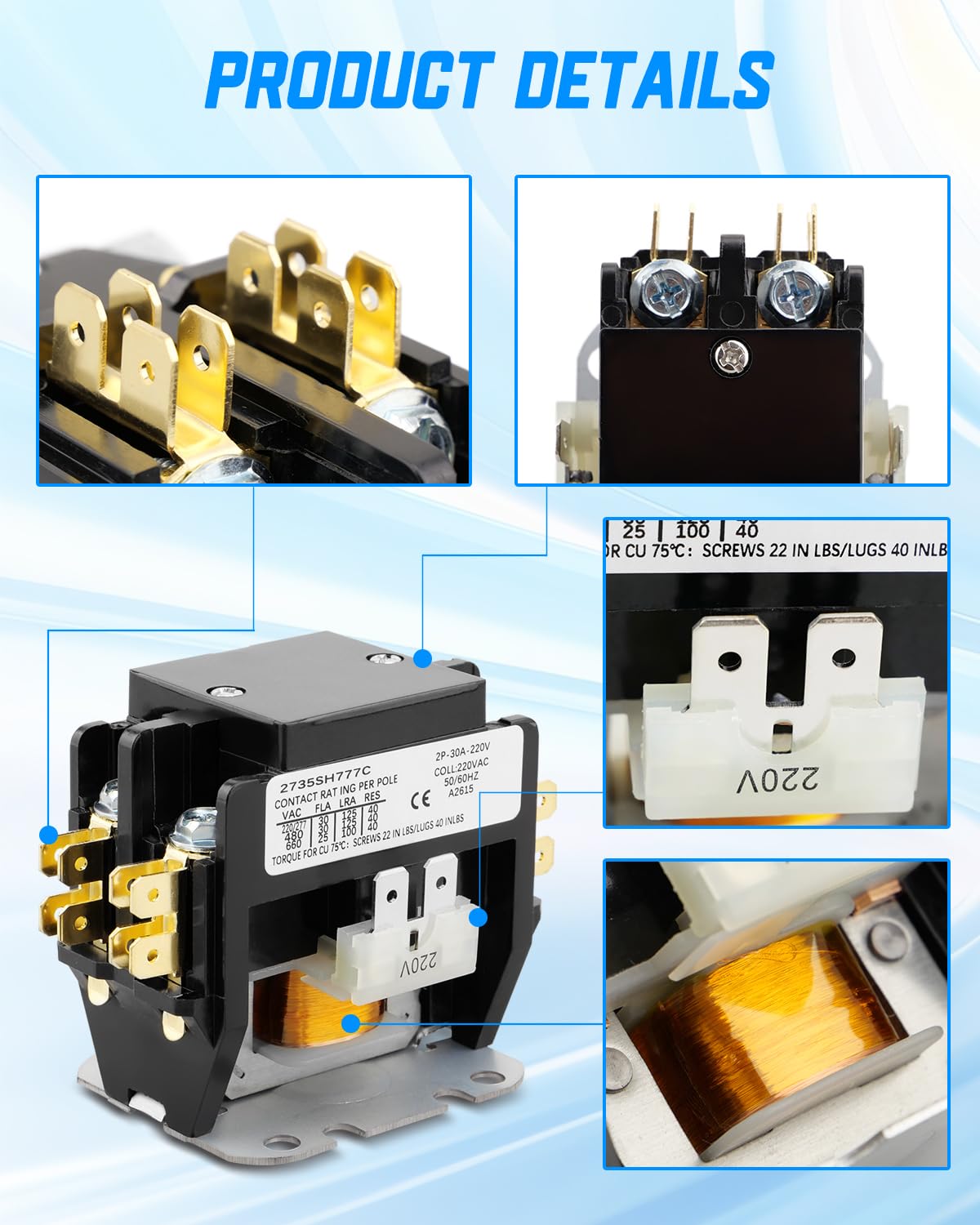 C25BNB230B Compact Definite Purpose Contactor, 2 Pole 30A 240VAC 50/60Hz, Air Conditioner Contactor
