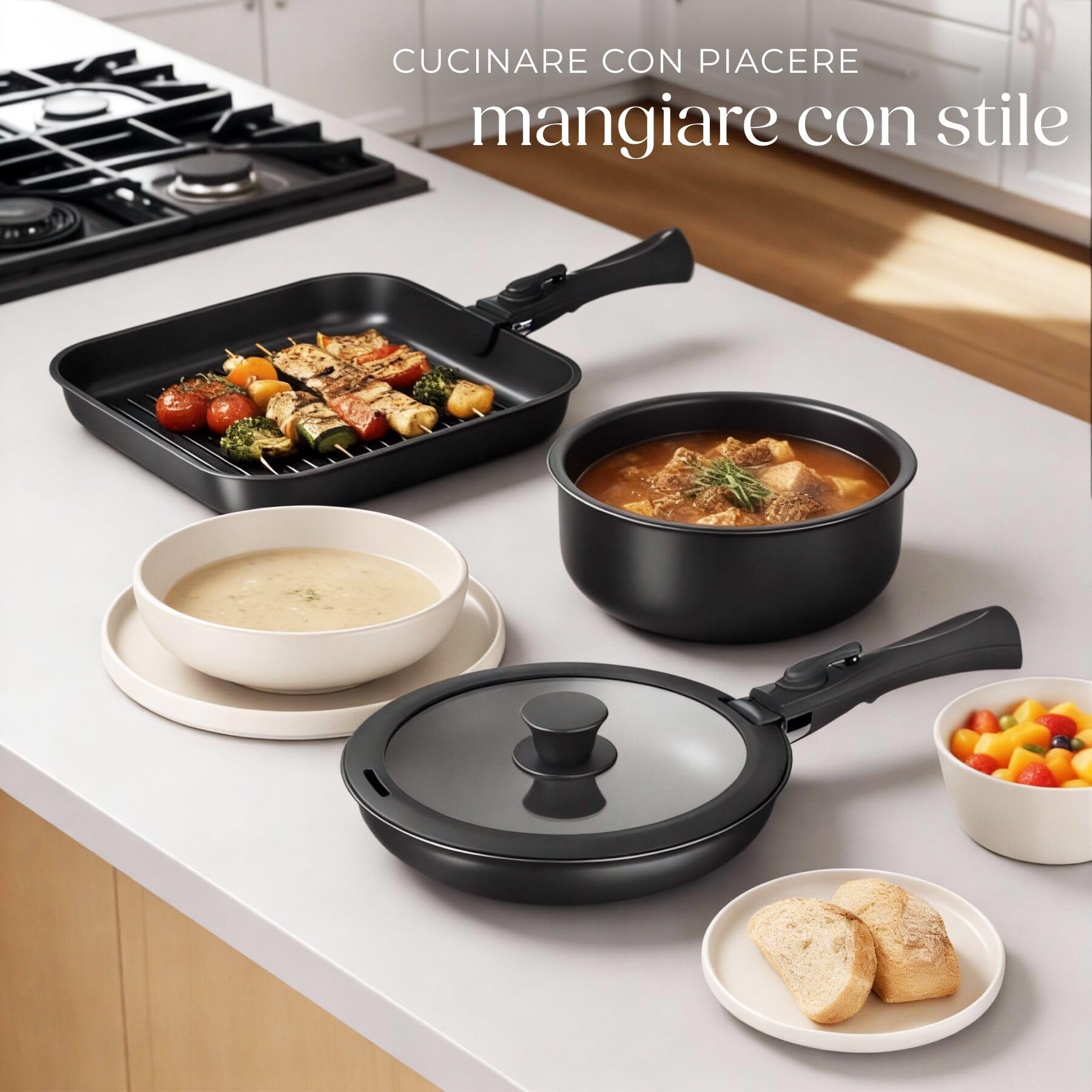 tectake® Set cucina x 6 persone 41 pezzi, stoviglie e pentole, 24 pcs tra piatti e ciotole, x microonde e lavastoviglie, 17 pcs tra padelle, grill, coperchi pentole manici removibili - Nero/Tortora