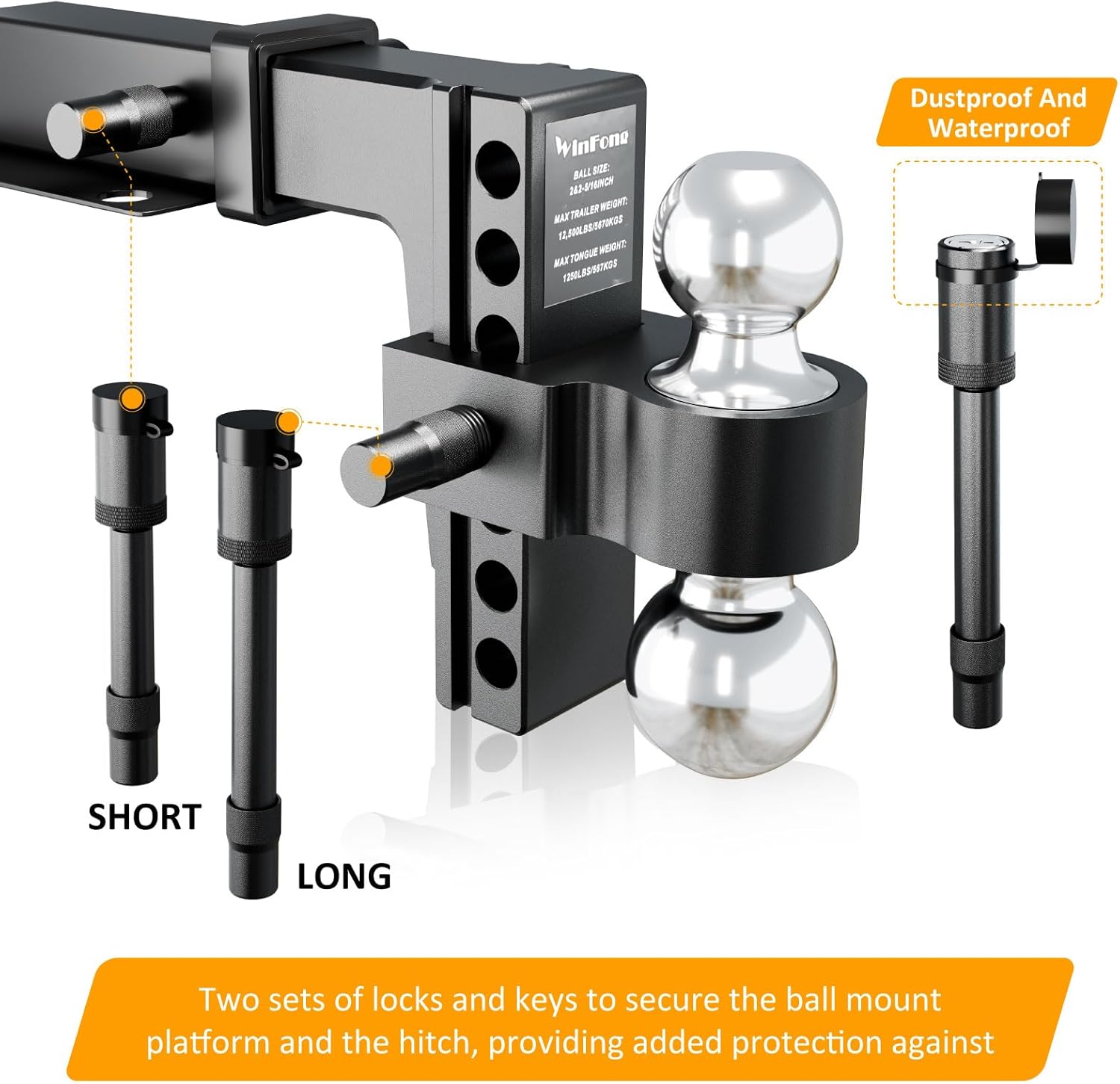 Adjustable Trailer Hitch, 6 Inch Aluminum Hitch Drop (Fits for 2-Inch Receiver), 2'' & 2-5/16'' Heavy Duty Solid Dual Balls Mount, 12,500 lbs GTW Tow Hitch with 2 Anti-Theft Pins Locks, Black