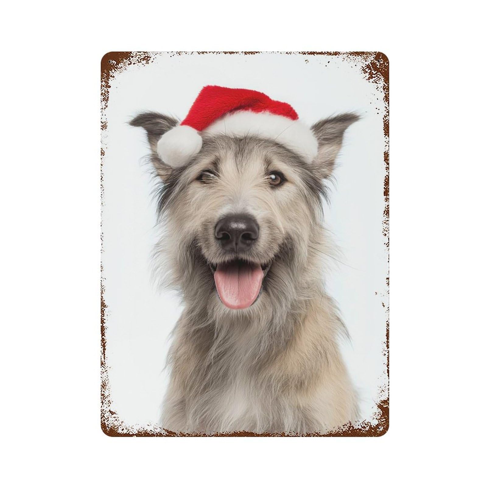 Berger Picard Dog with Santa Hat Vintage Wall Sign 15.7"x11.8", Rust Effect Metal Decor for Living Room, Hallway And Home Decor