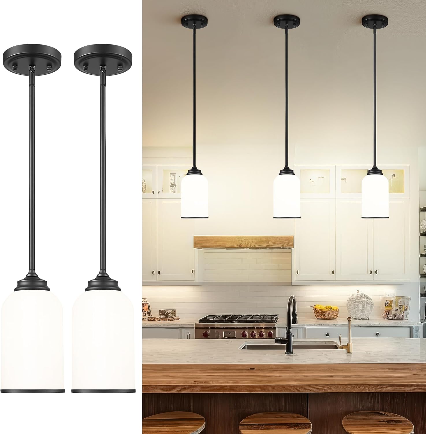 LIROUVET 2 Pack Pendant Light Fixtures, Modern Dual Glass Pendant Lights, Brushed Nickel Hanging Light with Clear and Milk Glass, Pendant Lights Kitchen Island for Dining Room PL02BN-2PK