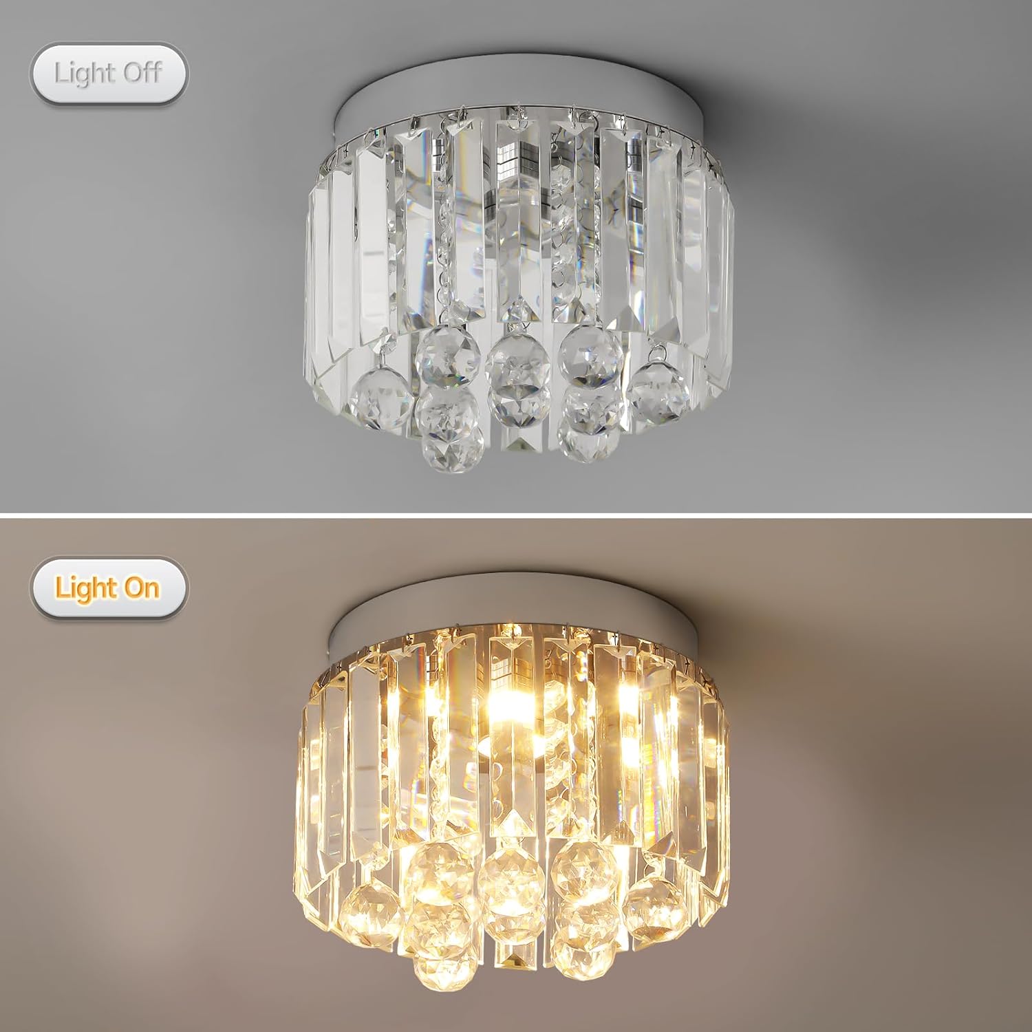 Crystal LED Ceiling Light Chandelier, Modern Semi Flush Mount Lighting Fixture Ceiling Lamp for Living Room, Dining Room, Bedroom, Kitchen Island, Entryway (7.87“ * 5.9” Round Warm Light)