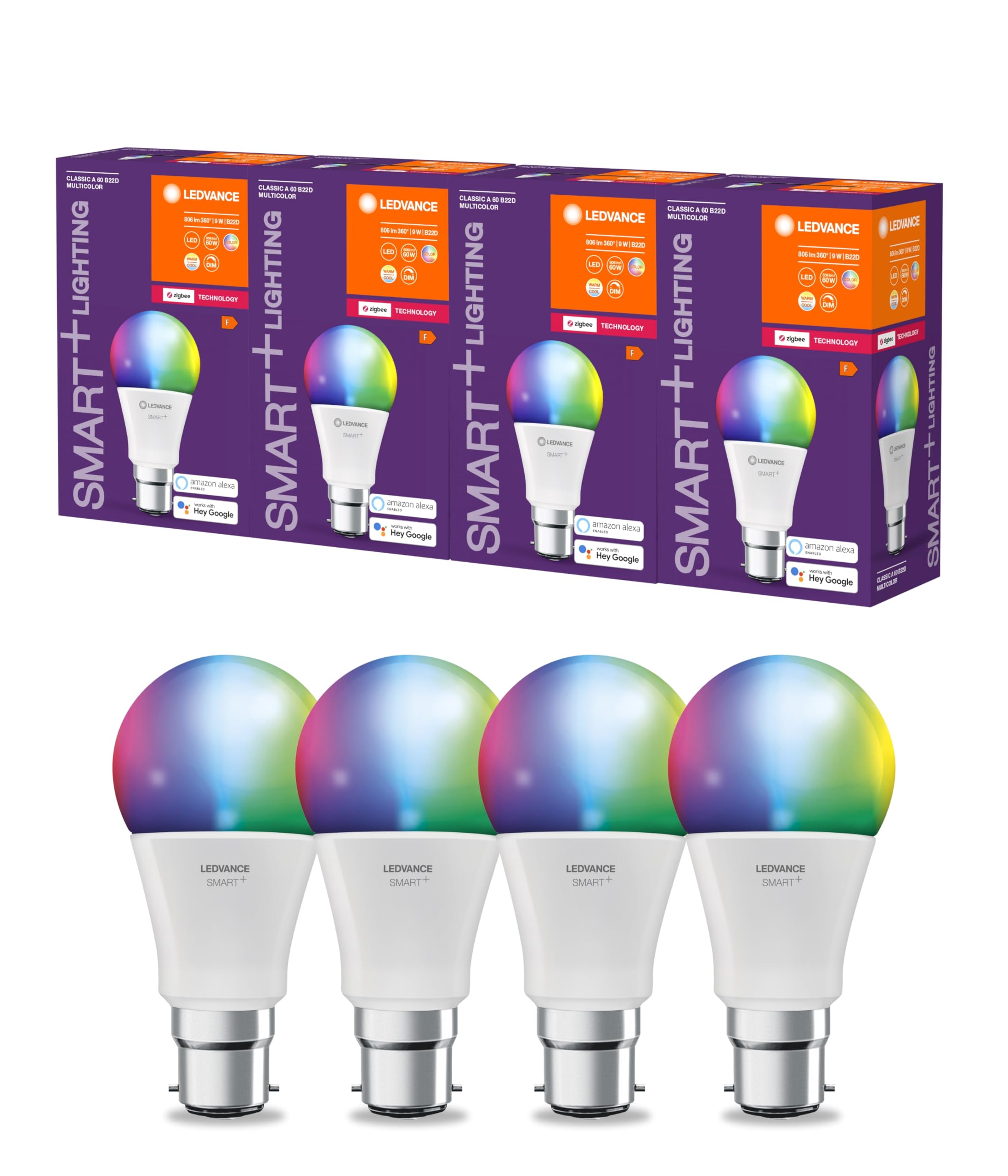 LEDVANCE LEDVANCE Smart+ Lampe mit ZigBee Technologie, 9W, A60, matt, Sockel B22D, Lichtfarbe RGBW einstellbar, 806lm, 4er Pack