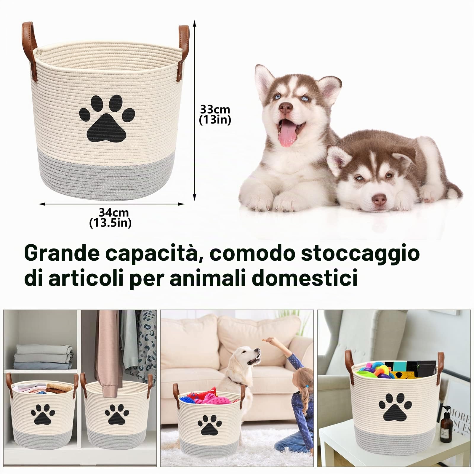 MOREZI Cestino per giochi,cesto per la biancheria,cesto porta giochi per animali domestici.Utilizzato per riporre giocattoli per cani,vestiti,cibo e altre forniture-Beige/Grigio.
