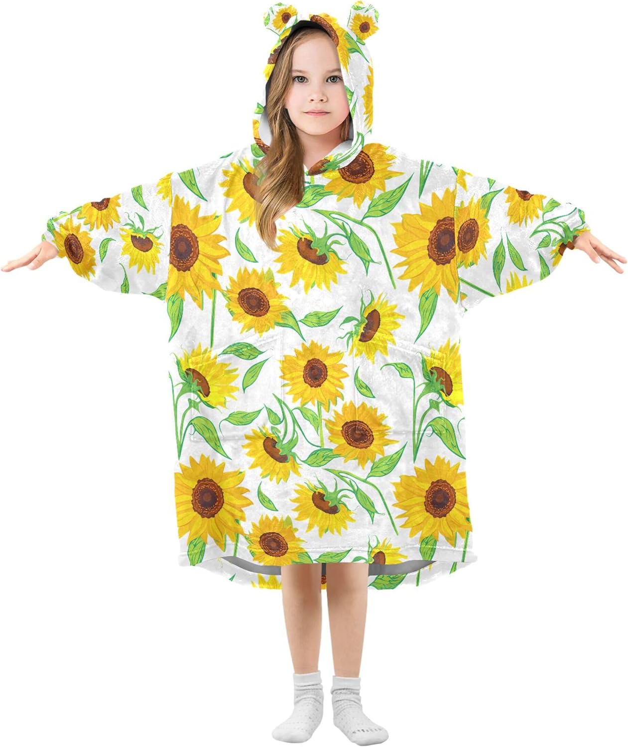 Sunflower Flower Kids Wearable Blanket Hoodie with Pocket and Sleeves for Toddlers, Cute Hoodies 3-14 Year Girls Boys