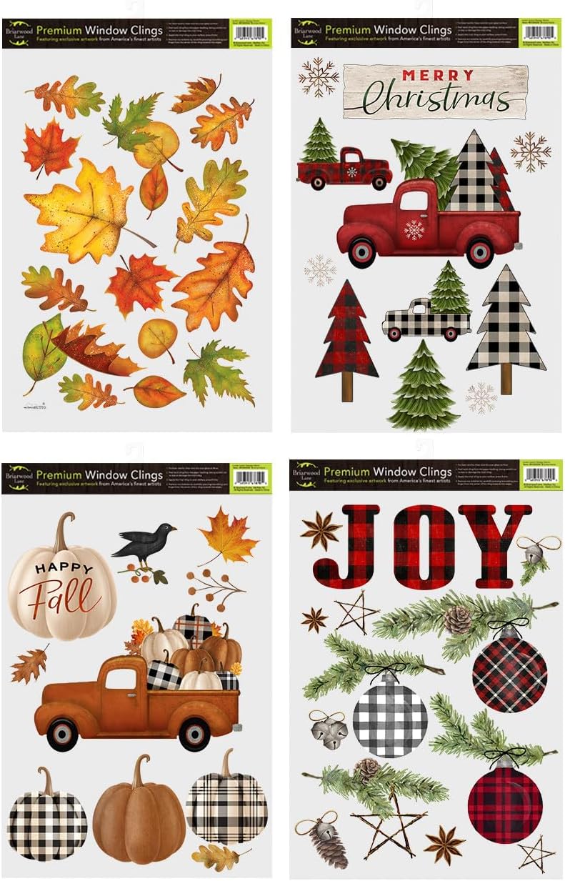Briarwood Lane Bundle Set of 4 - Fall Christmas Window Cling Assortment (4-Pack)