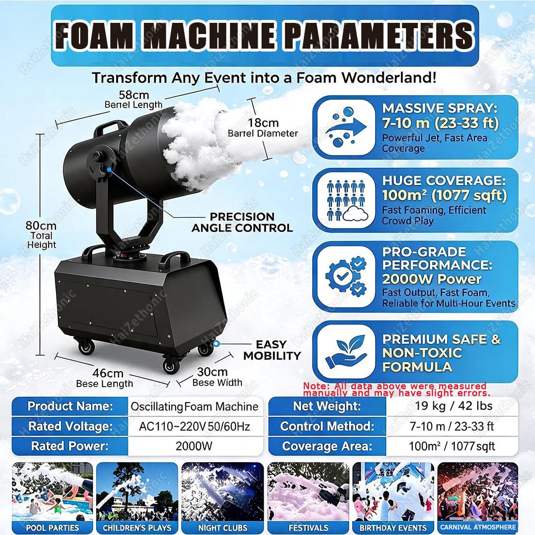 2000w Generatore Schiuma,Portata di 20 M³/Min | 120° Agitazione Automatica Della Testina,Area 50-80 M²,Per Giardino/Piscina/Eventi All'aperto/Compleanni/Celebrazioni