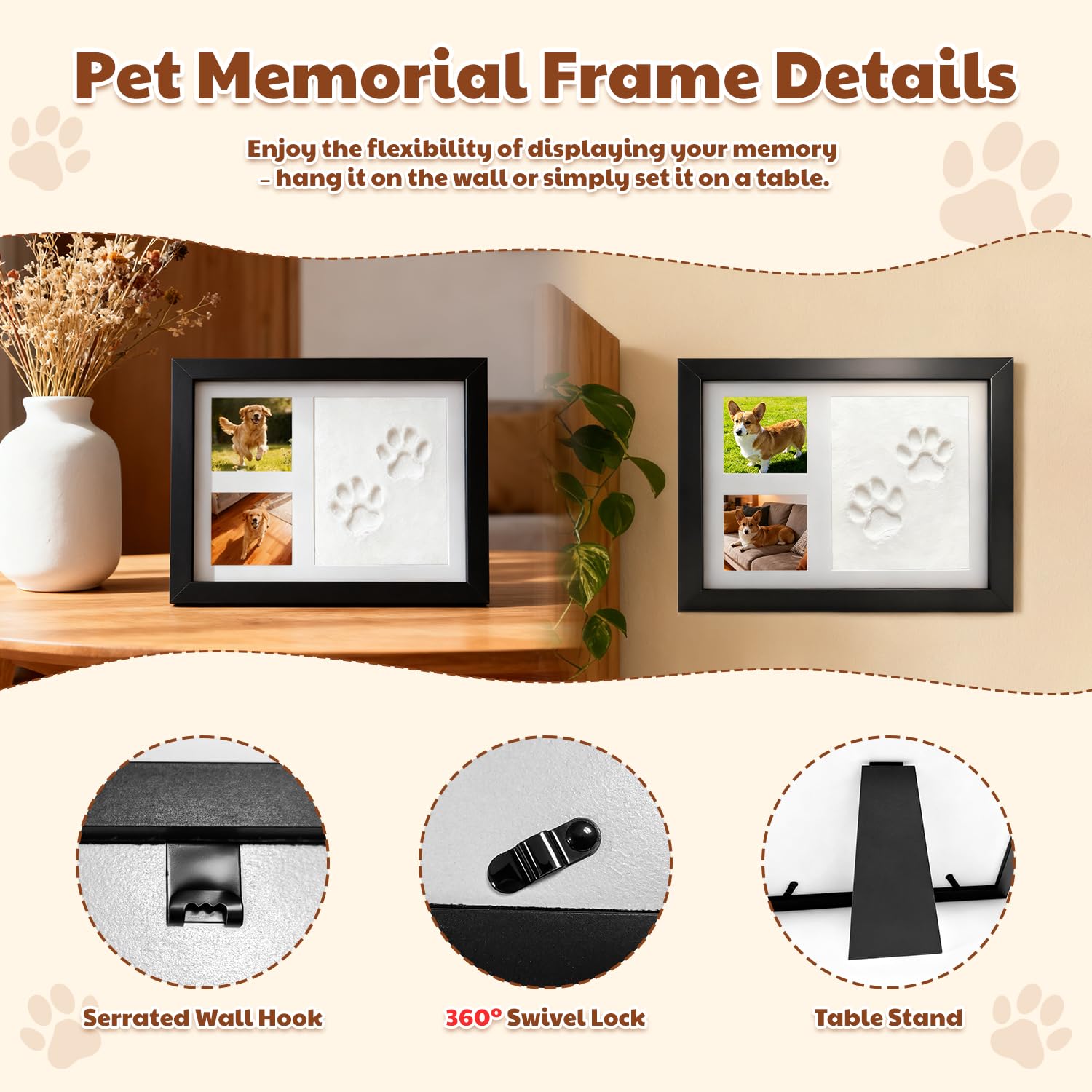 Set di Impronte per Cane e Gatto, Cornice Fotografica con Impronta in Argilla, Kit Impronte Mani e Piedi per Bambini, Cornice Commemorativa per Animali per Neonati, Cani e Gatti, Nero
