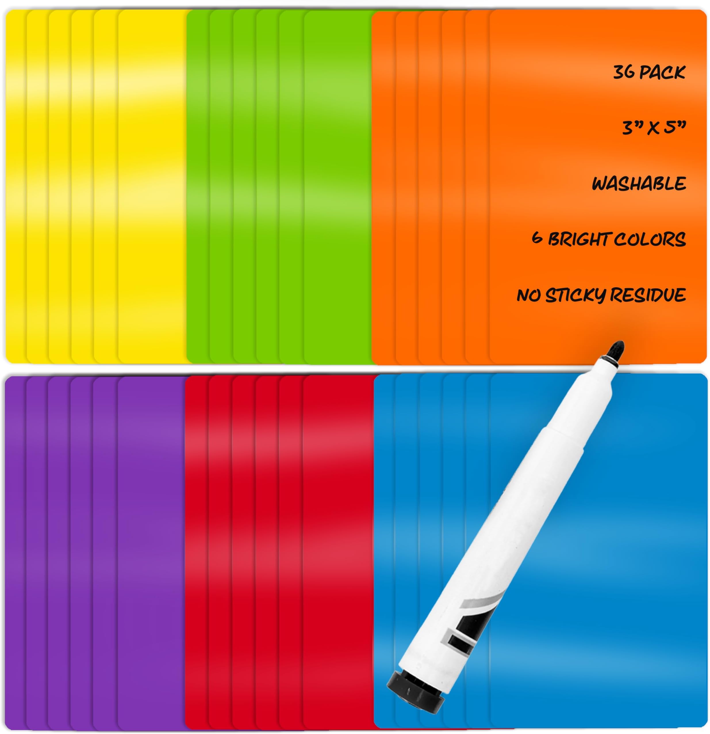 Better Office Products 36 Pack Dry Erase Stickers, 3" x 5" Size, Assorted Colors, Easy to Remove Peel and Stick Vinyl Decals for Organizing, Color Coded Labeling of Household or Classroom Items