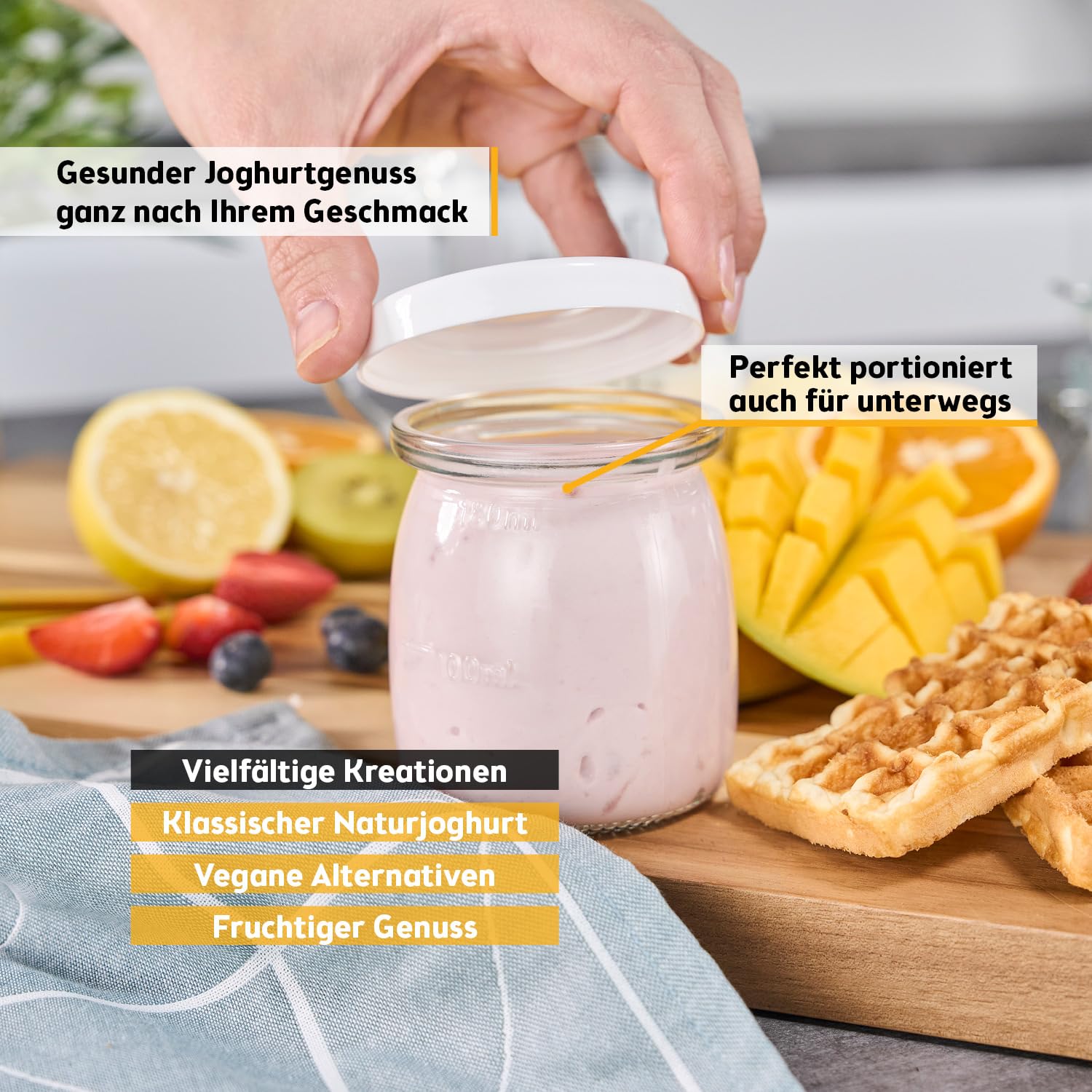 TZS First Austria - Joghurtbereiter 25W inkl. 8 Glasbehälter à 180 ml für bis 1,4L selbstgemachten Joghurt - Yogurt Maker mit Temperatur 20-55°C, Abschaltautomatik & LCD-Display - Joghurtmaschine weiß