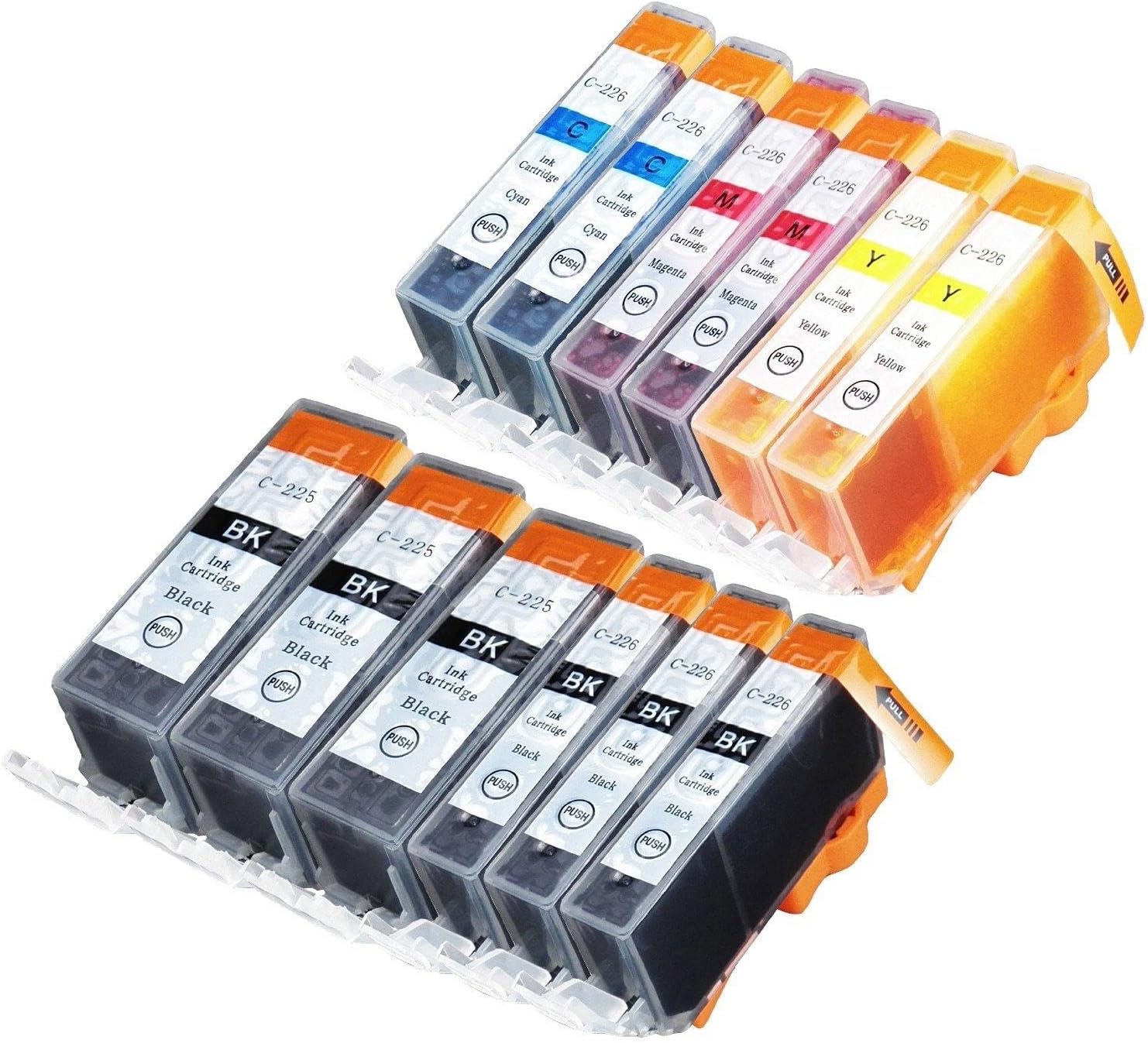 Toner Refill Store 12 Pack Compatible Canon PGI-225 / CLI-226 (3 Big Black, 3 Small Black, 2C, 2M, 2Y). Page Yield: 350 pages at 5% coverage for PGI-225BK and 510 pages at 5% coverage for CLI-225 colors. Works in the following printer models: PIXMA iP4820, PIXMA iP4920, PIXMA iX6520, PIXMA MG5120, PIXMA MG5220, PIXMA MG5320, PIXMA MG6120, PIXMA MG6220, PIXMA MG8120, PIXMA MG8120B, PIXMA MG8220, PIXMA MX712, PIXMA MX882, PIXMA MX892.