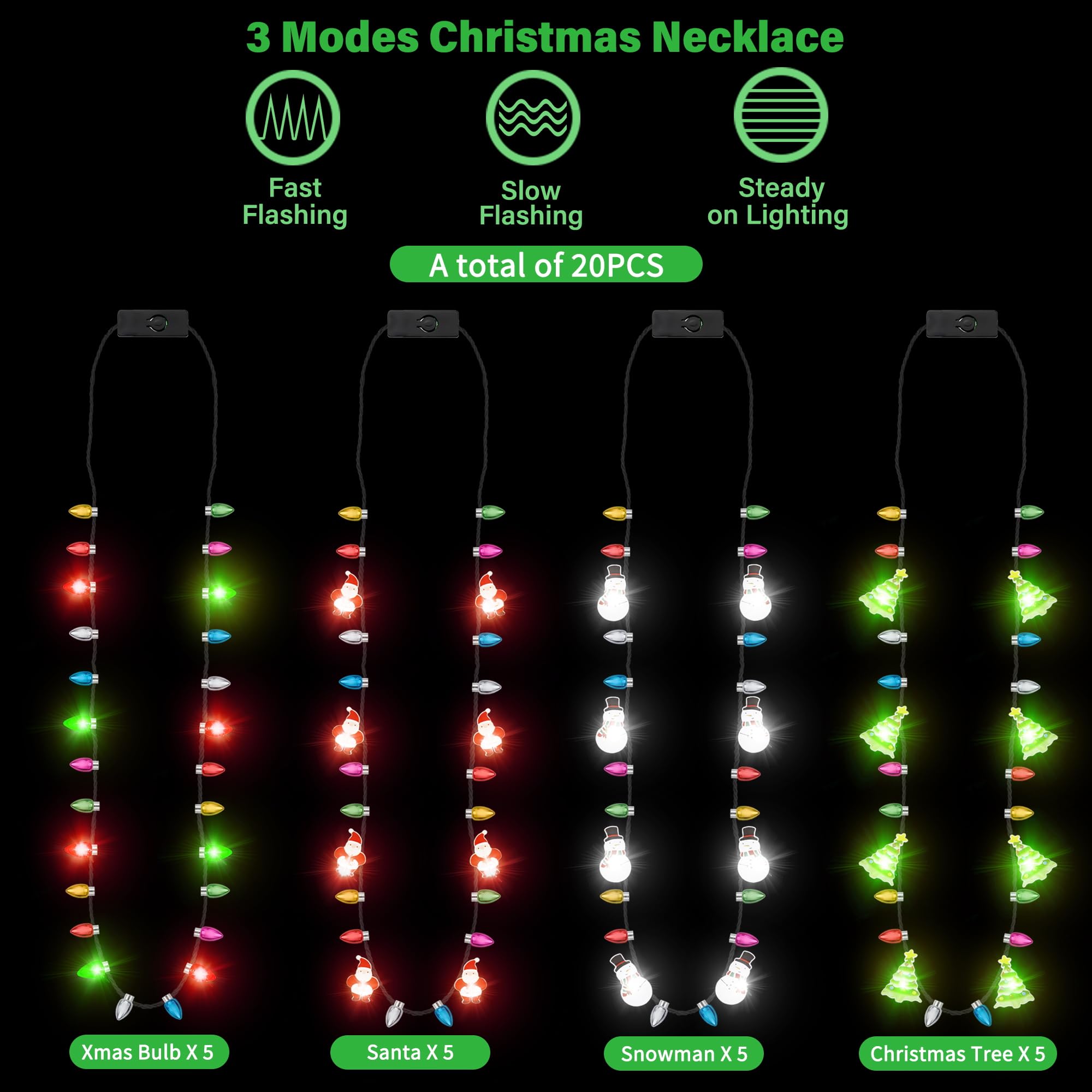 20 collares de Navidad iluminados, 4 tipos de collares de Navidad, collares de Navidad intermitentes con colgante de árbol de bulbo de Papá Noel, bastón de caramelo, 3 modos de Navidad, Año Nuevo