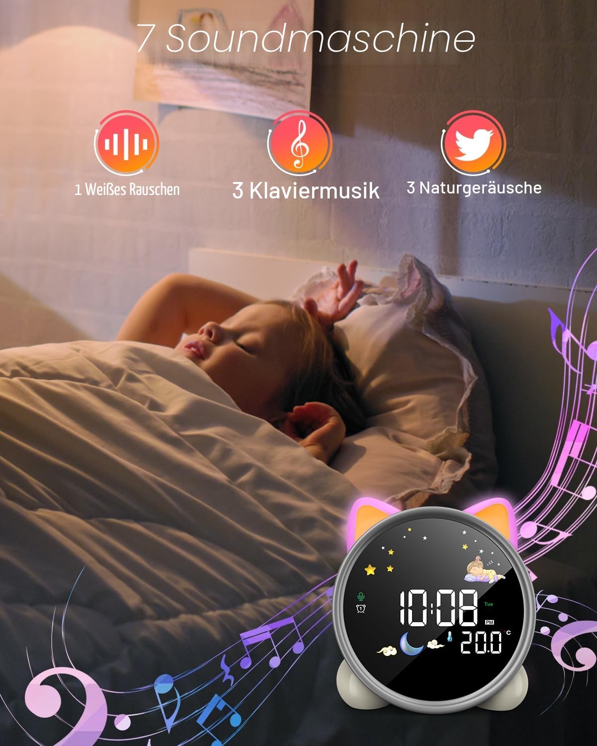 Lemnoi Kinderwecker Lichtwecker für Jungen und Mädchen, Batteriebetrieben Kinder Schlaftrainer mit Nachtlicht, Countdown, Snooze-Funktion, 3 Helligkeitsstufen und Buntem Licht, Lichtwecker für Kinder
