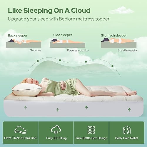 Vista 4 de Cubrecolchón Twin de BEDLORE derivado de viscosa de bambú, colchón grueso con bolsillos elásticos para colchones de 15-38 cm, cubrecolchón suave y 1