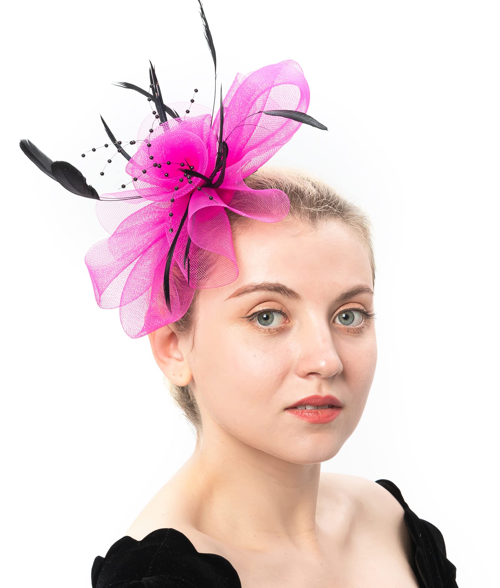 Myjoyday Women's Fascinators Hat for Tea Party Church Cocktail, Feathers Veil Headband with Hair Clip