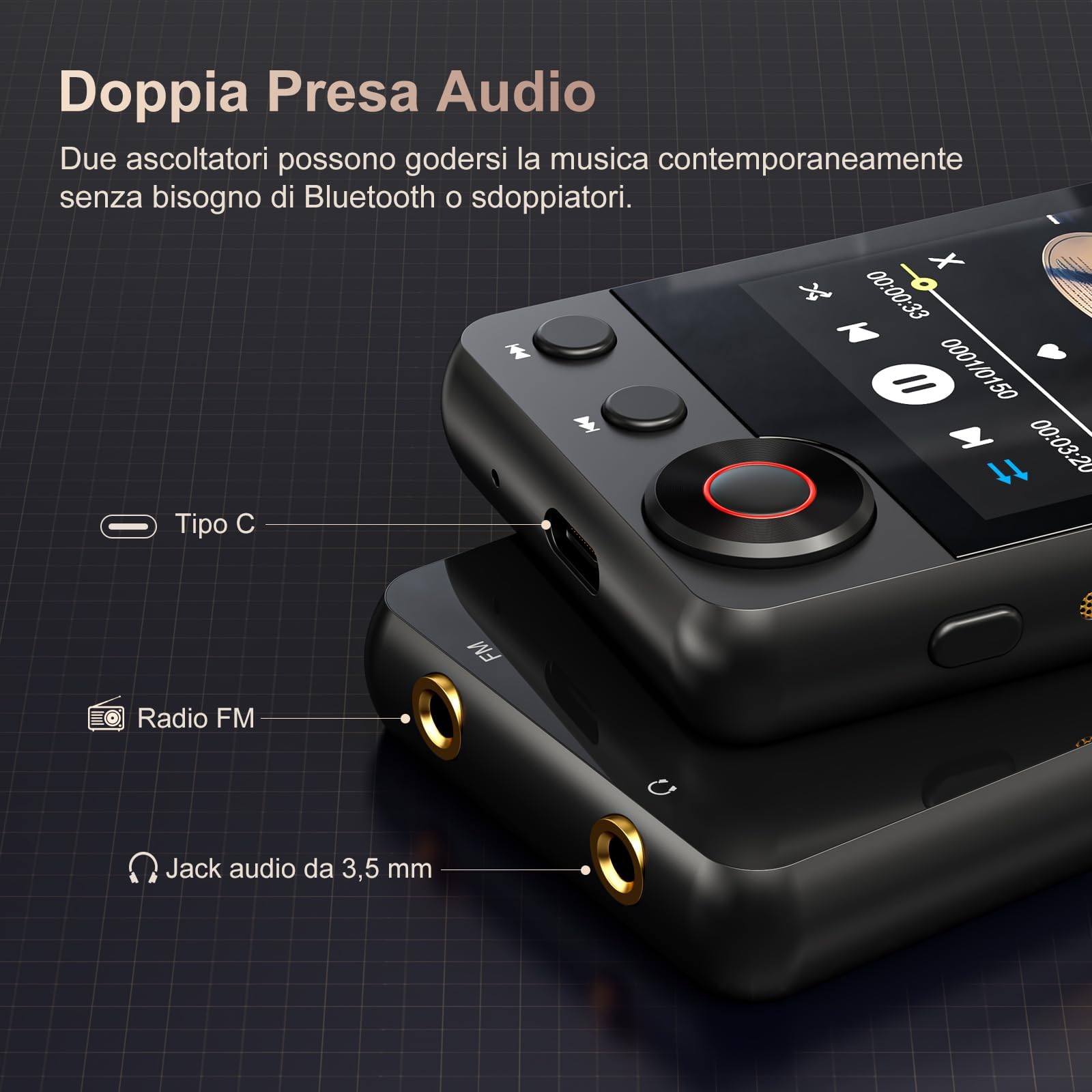 MECHEN Lettore MP3 128 GB con Bluetooth 5.3, Audio Duale, Touchscreen da 2,4 pollici, Funzione di Ricerca, Rotella di Scorrimento, Video, Radio FM, Registratore