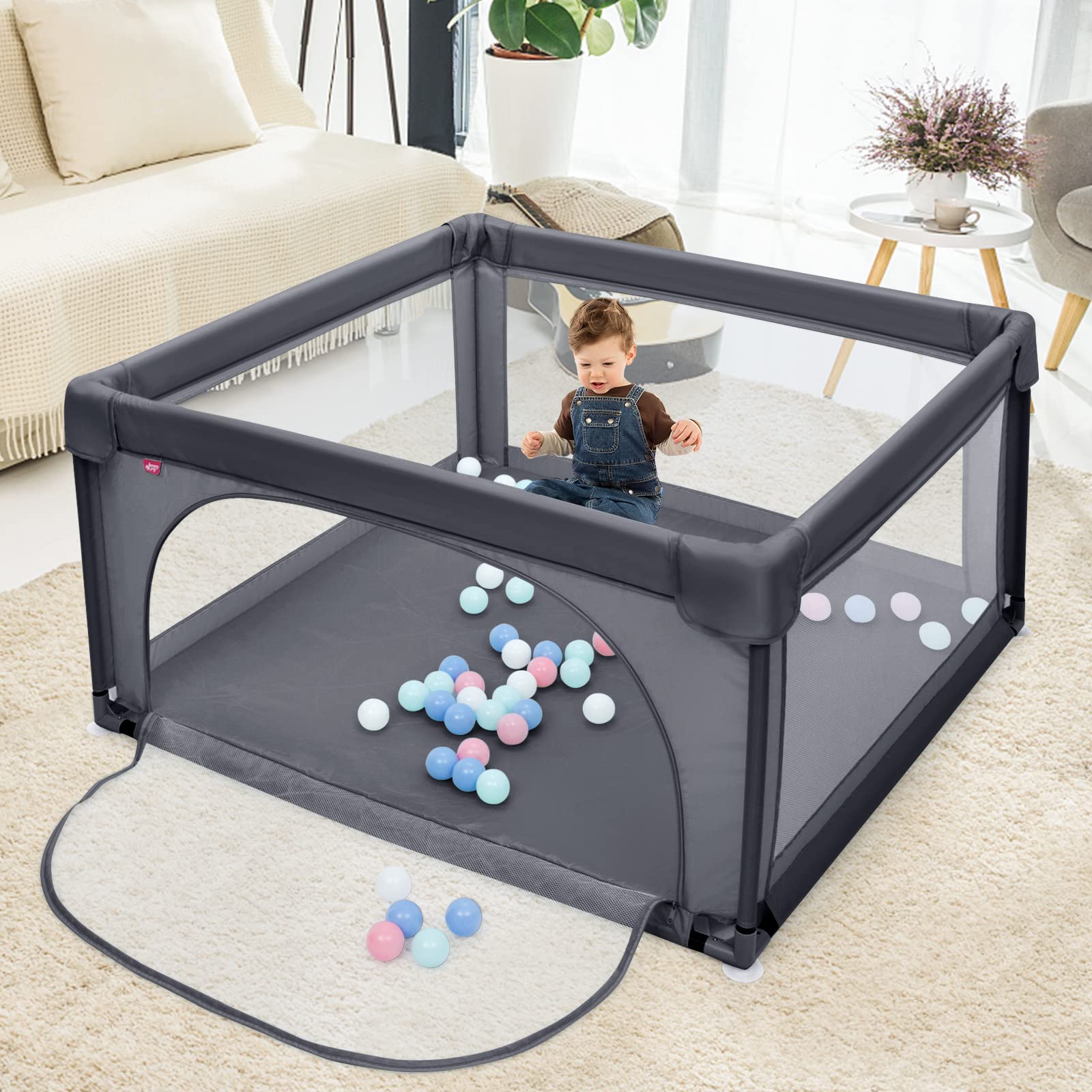 COSTWAY Box per Bambini, Centro Attività Portatile con Cancelli di Sicurezza, Recinto Resistente con Ventose Antiscivolo e Pareti a Rete Traspirante, Cancello per Giocare con 50 Palline (Grigio Scuro)