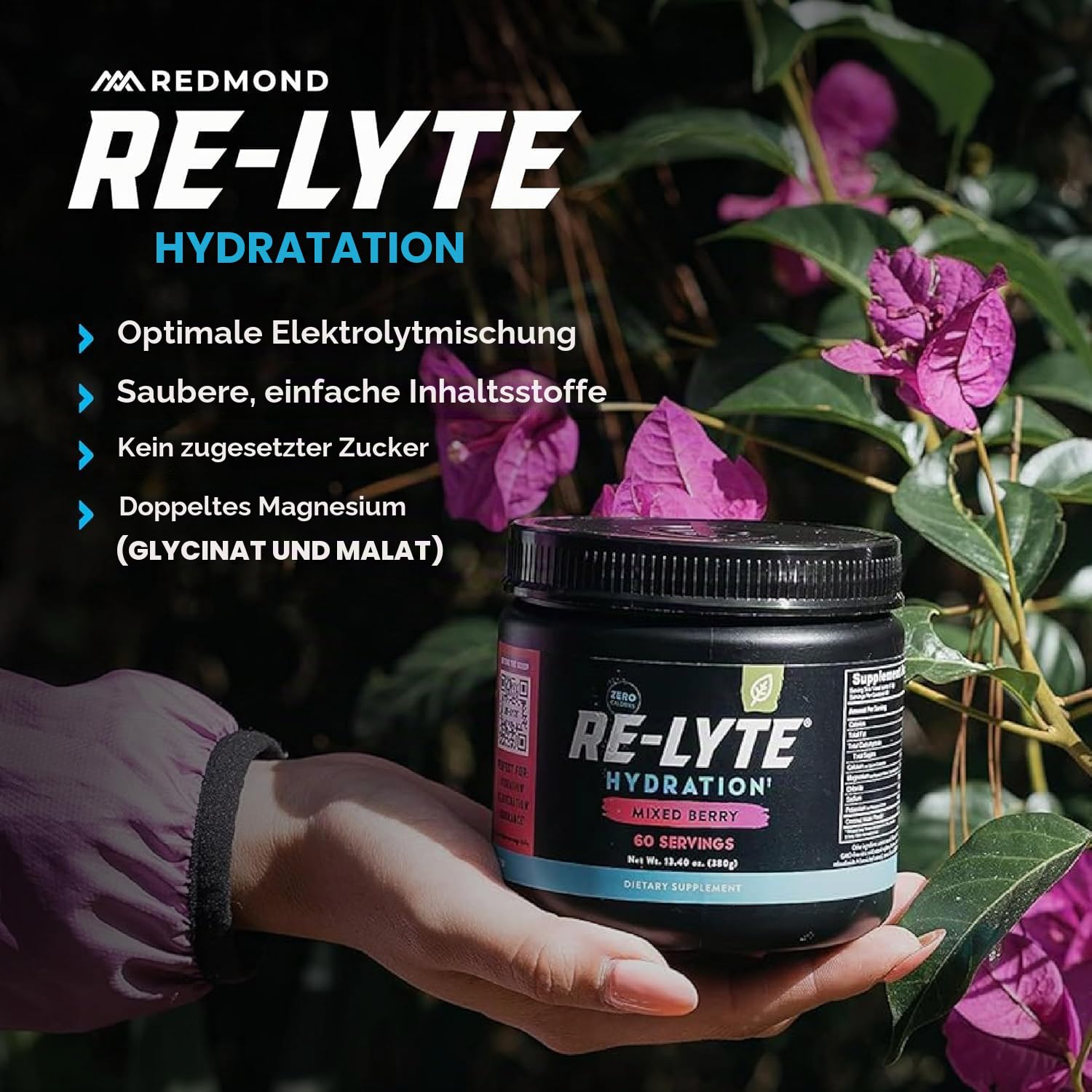 REDMOND Re-Lyte HYDRATION Drink Mix MIXED BERRY LARGE, 380g Dose - Elektrolytepulver, zuckerfrei, mit echtem Redmond Real Salt und über 60 wichtigen Mineralstoffen & Spurenelementen