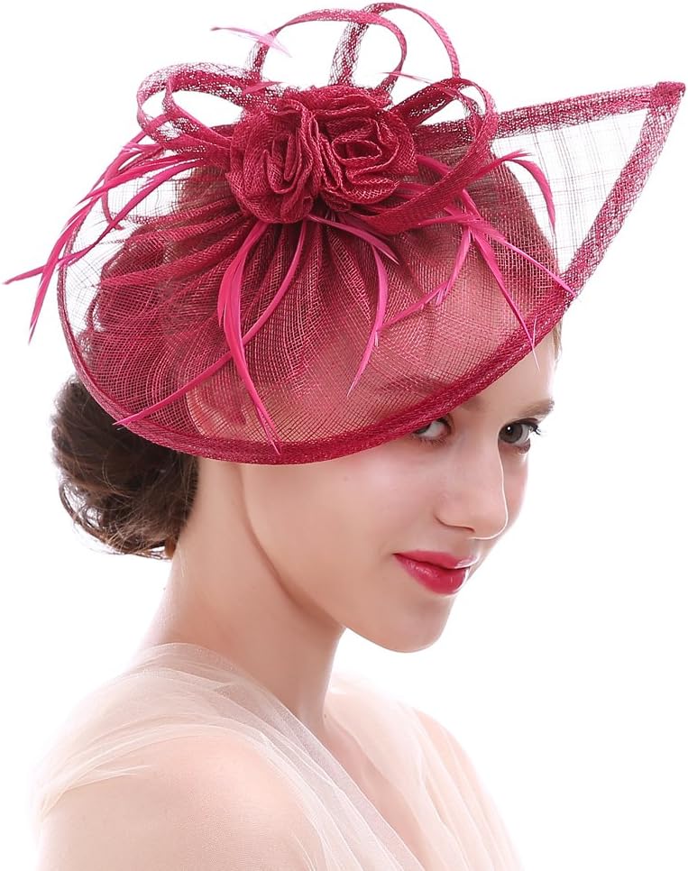 Sinamay Fascinator Hat Mesh Net Feather Cocktail Party Hat Flower Hat for Women (A-New Rose)