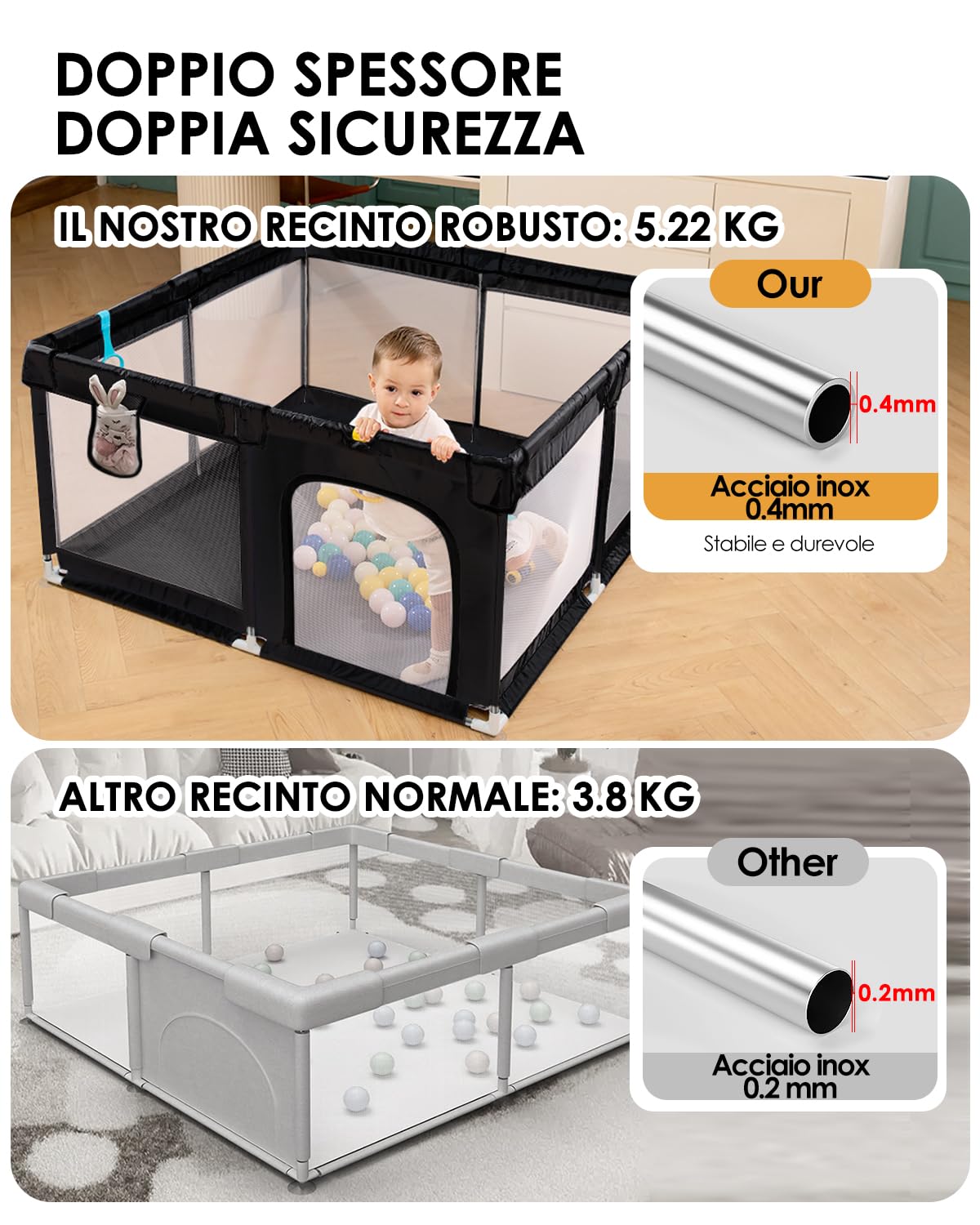 derimkcoa Box per bambini, grande recinto di sicurezza per bambini e bambini, per interni ed esterni, con ventose antiscivolo e cerniera (130 x 130 x 66 cm, nero)