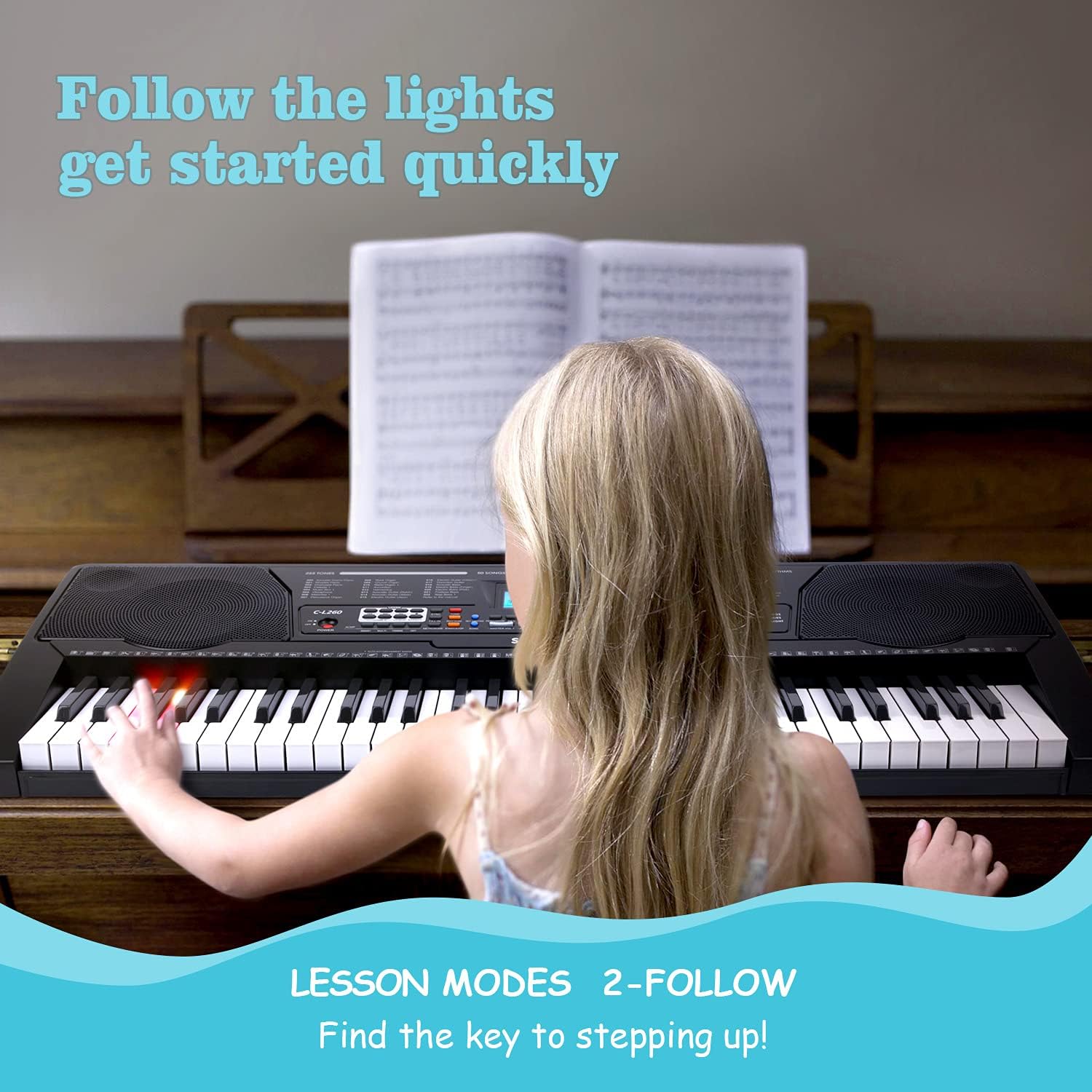 A young girl playing the SOUIDMY C-L260 keyboard, focusing on the '2-FOLLOW' lesson mode, with keys lighting up to indicate the next note.