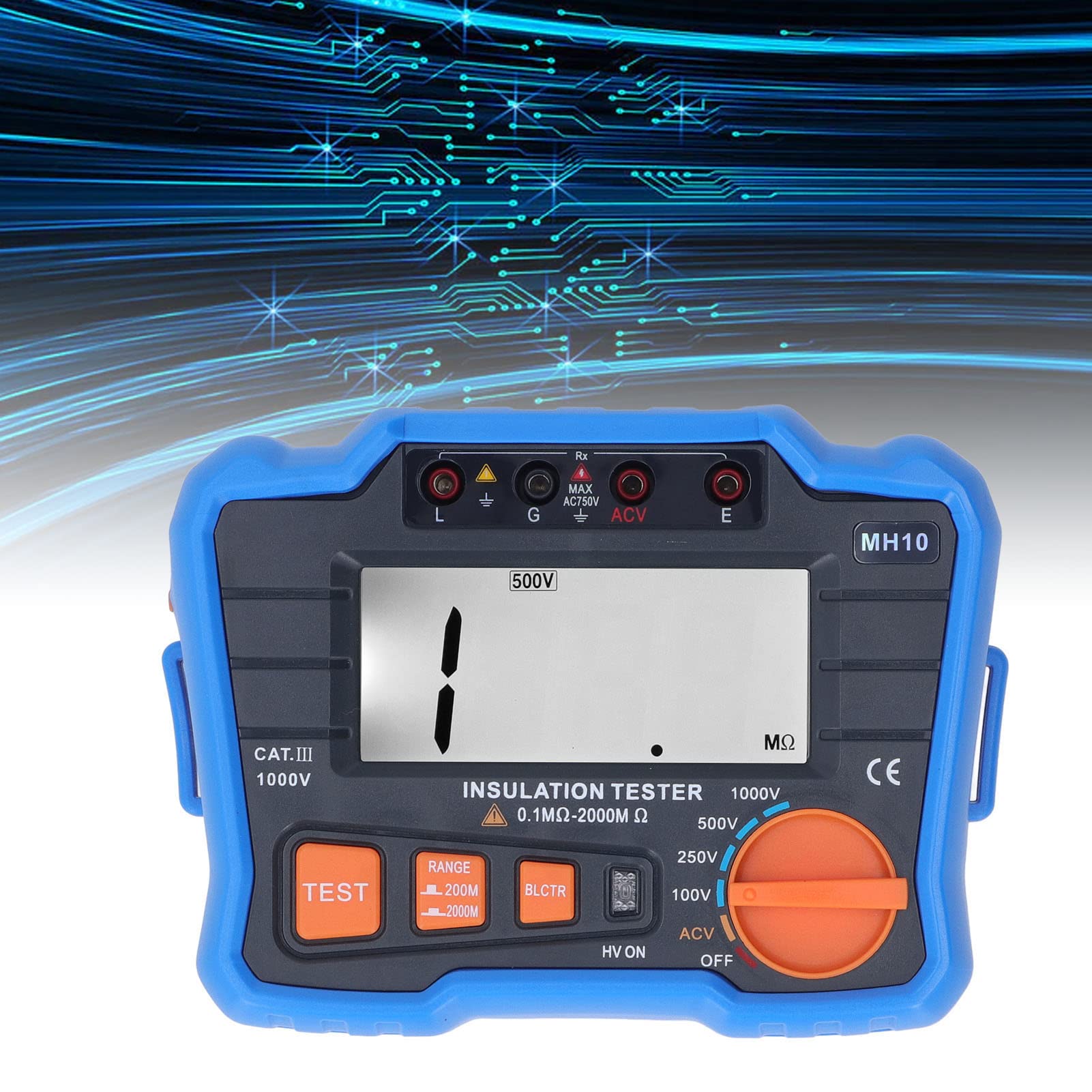 flexman Medidor digital de megaohmios, probador de aislamiento de resistencia a tierra eléctrica de alta precisión con cubierta duradera de protección contra caídas y pantalla grande LCD (Azul)