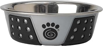 PetRageous 13097 Fiji Stainless Steel Non-Slip Dishwasher-Safe Dog Bowl 1.75-Cup Capacity 5.5-inch Diameter 1.75-inch Tall for Small and Medium Size Dogs and Cats, Light Grey and Black