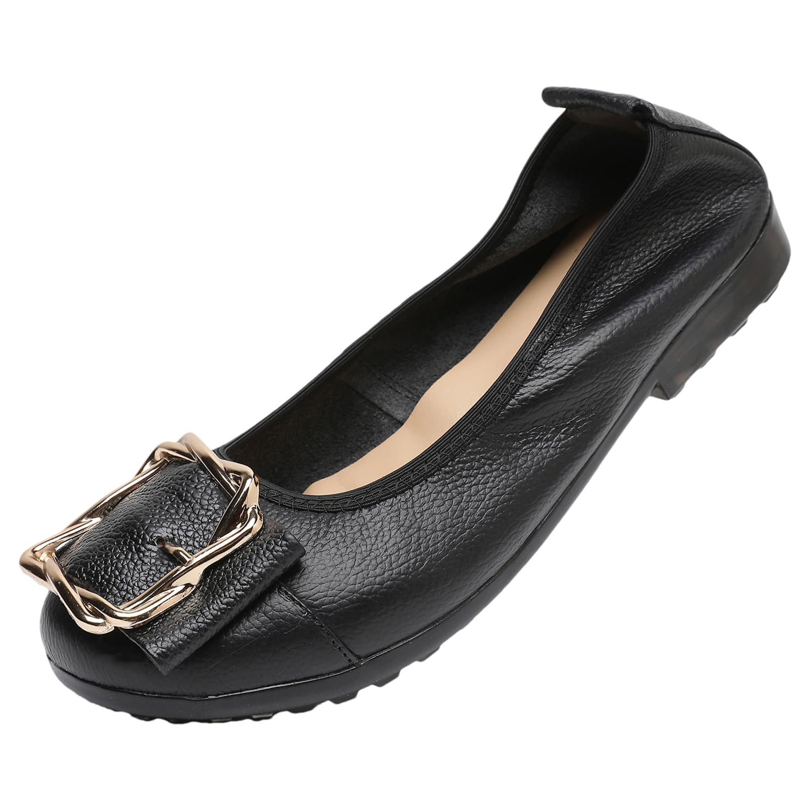 ANUFER Mujeres Piel Genuina Bailarinas Moda Hebilla de Metal Suave Plano Bombas Zapatos