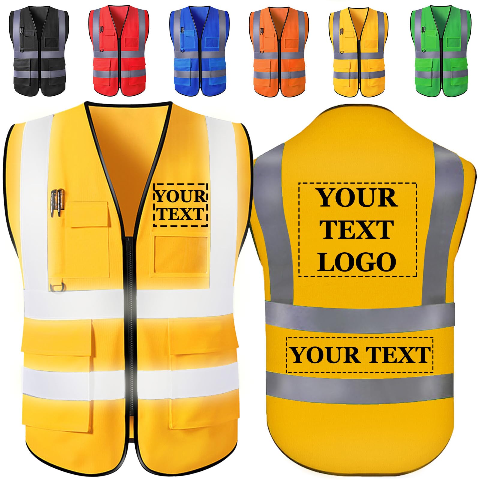 Personalised Hi Vis Vest Custom Logo/Text/Name Customize Safety High Visibility Vests with Pockets and Zipper Bulk for Women Men Work