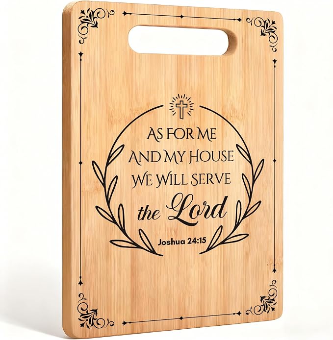 Bamboo cutting board engraved with a Joshua 24:15 verse