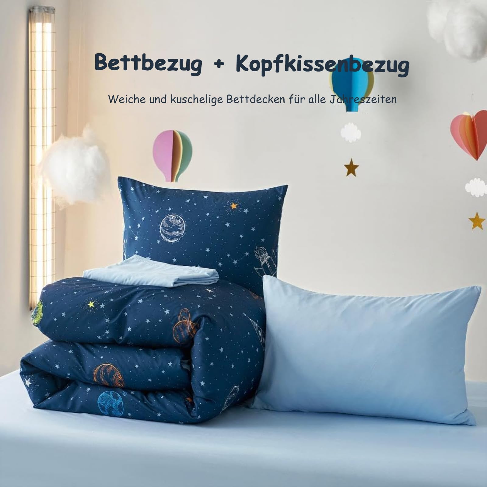 Freyamy Kinder Bettwäsche 135x200cm Blau Marineblau Bunt Weltraum Rocket Jungen Kinderbettwäsche Mikrofaser Sterne Rakete Babybettwäsche Bettbezug mit Reißverschluss und Kissenbezug 80x80cm