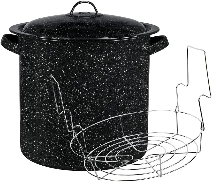 Granite Ware 15.5 Qt Water Bath Canner with Collapsible Jar Rack - Durable Enamel Steel Pot for Canning, Cooking, Gas & Electric Stovetops, Speckled Black
