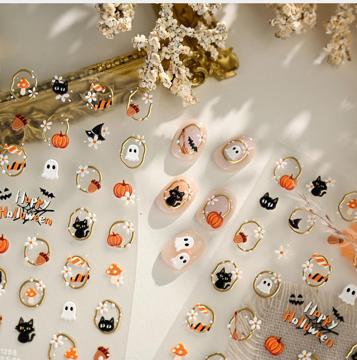 1 Sheet Halloween Mirror Ghost Nail Art Sticker Cute Ghost Nail Stickers Pumpkin 5D Self-Adhesive Nail Decals Gold Line Daisy Cats Nail Supplies Nails Decoration Accessories for Women DIY Manicure image 5