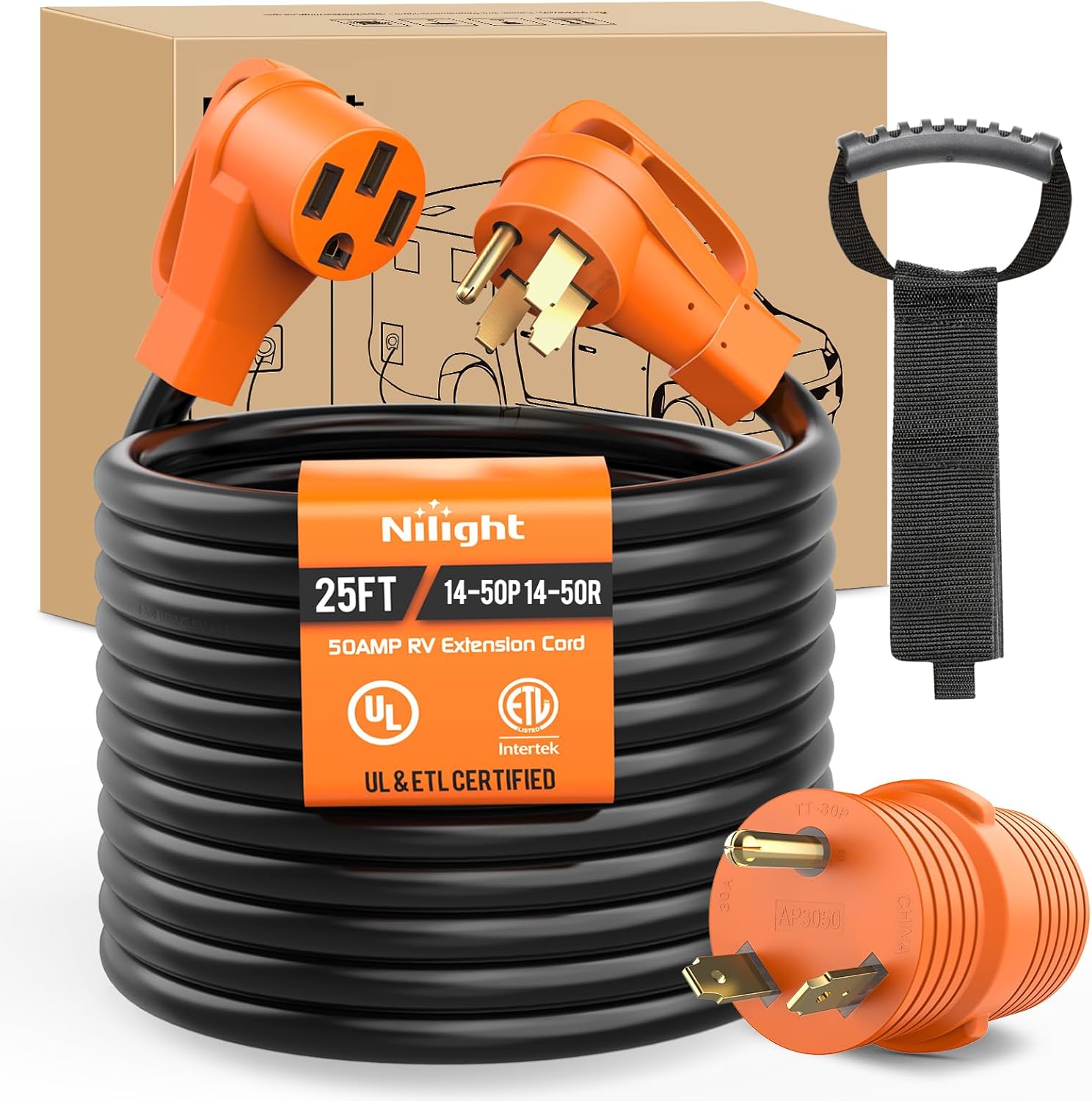 Nilight 25FT 50 Amp RV Extension Cord with Adapter 30Amp to 50Amp 250V Heavy Duty 6/3+8/1 Gauge Pure Copper STW Wire UL ETL Listed 4 Prong 14-50P 14-50R Weatherproof Suit for Generators Camper