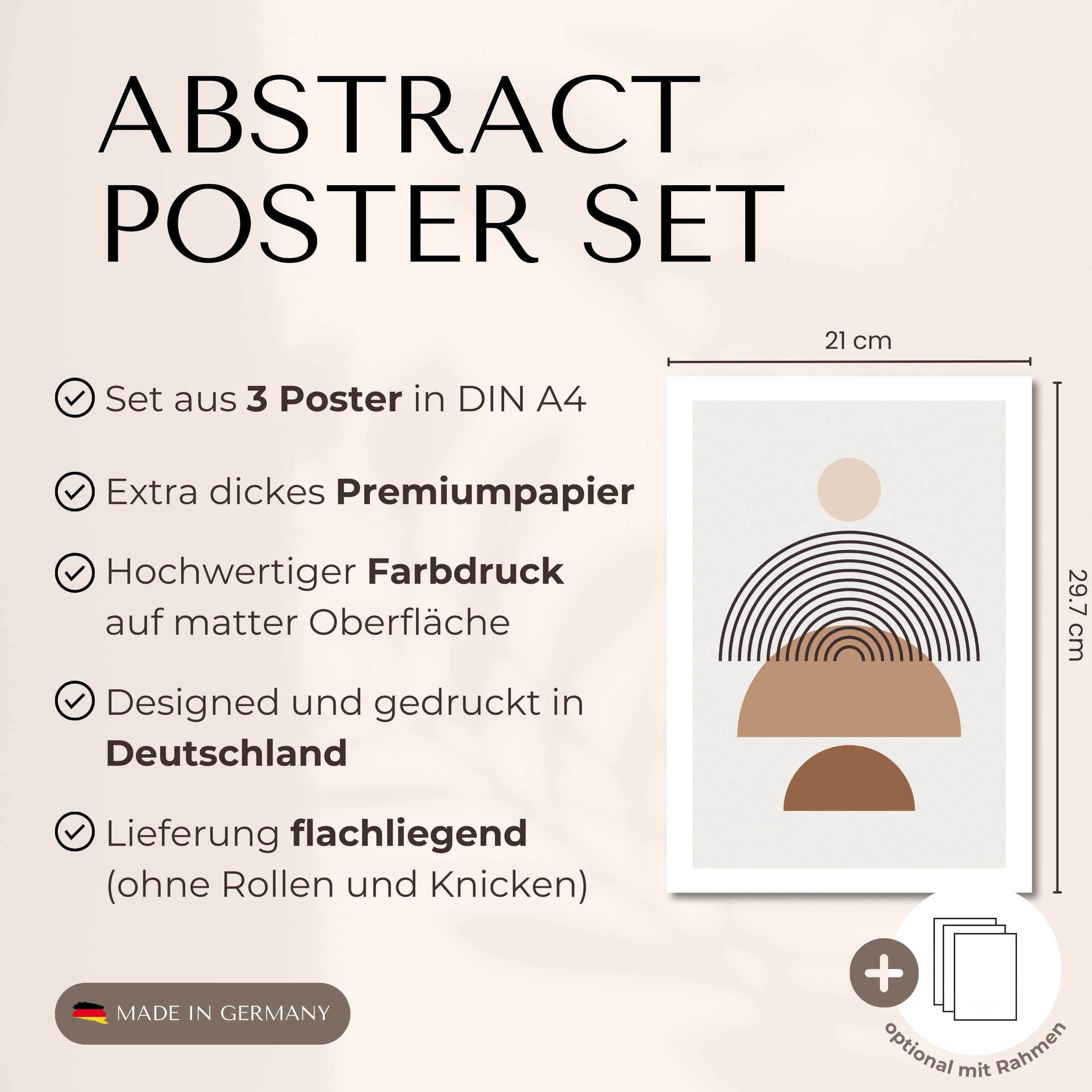 FAVELOT Abstrakte Bilder Set A4 mit schwarzen Rahmen, Poster Aesthetic, Poster Set, Wandbilder Wohnzimmer - Boho Bilder beige, Line Art Bilder, 3x Din A4