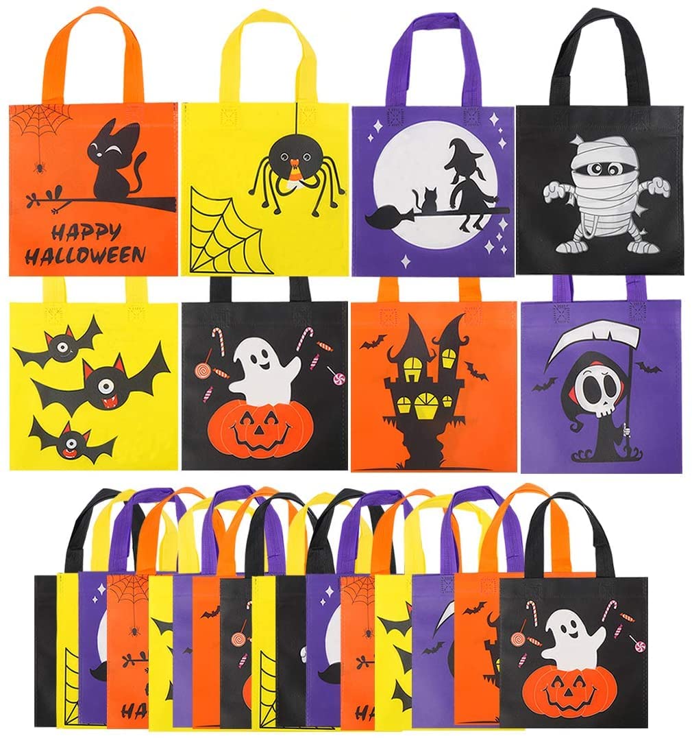 JOFONY 24 Stück Halloween Non-Woven Leckerli Taschen,Tragetaschen Party Geschenktüten mit Griffen für Halloween Süßes oder Saures Gastgeschenke für Kinder