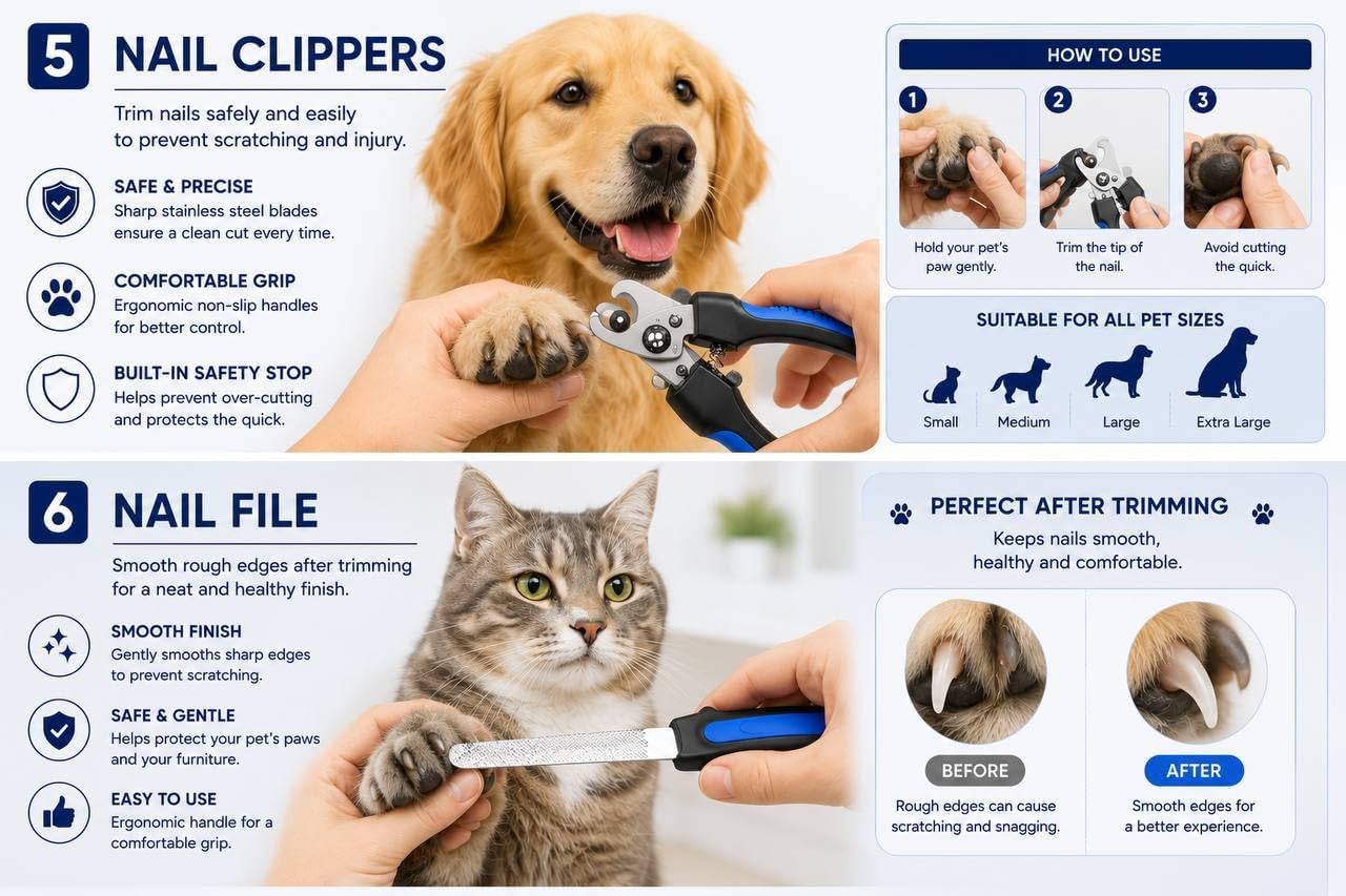 8-Piece Dog Grooming Kit for Dogs & Cats, Pet Grooming Set with 2 Grooming Gloves, 17 & 9 Tooth Dematting Rake, Fine-Tooth Comb, Bath Massage Brush, Nail Clippers, Nail File & Finger Toothbrush