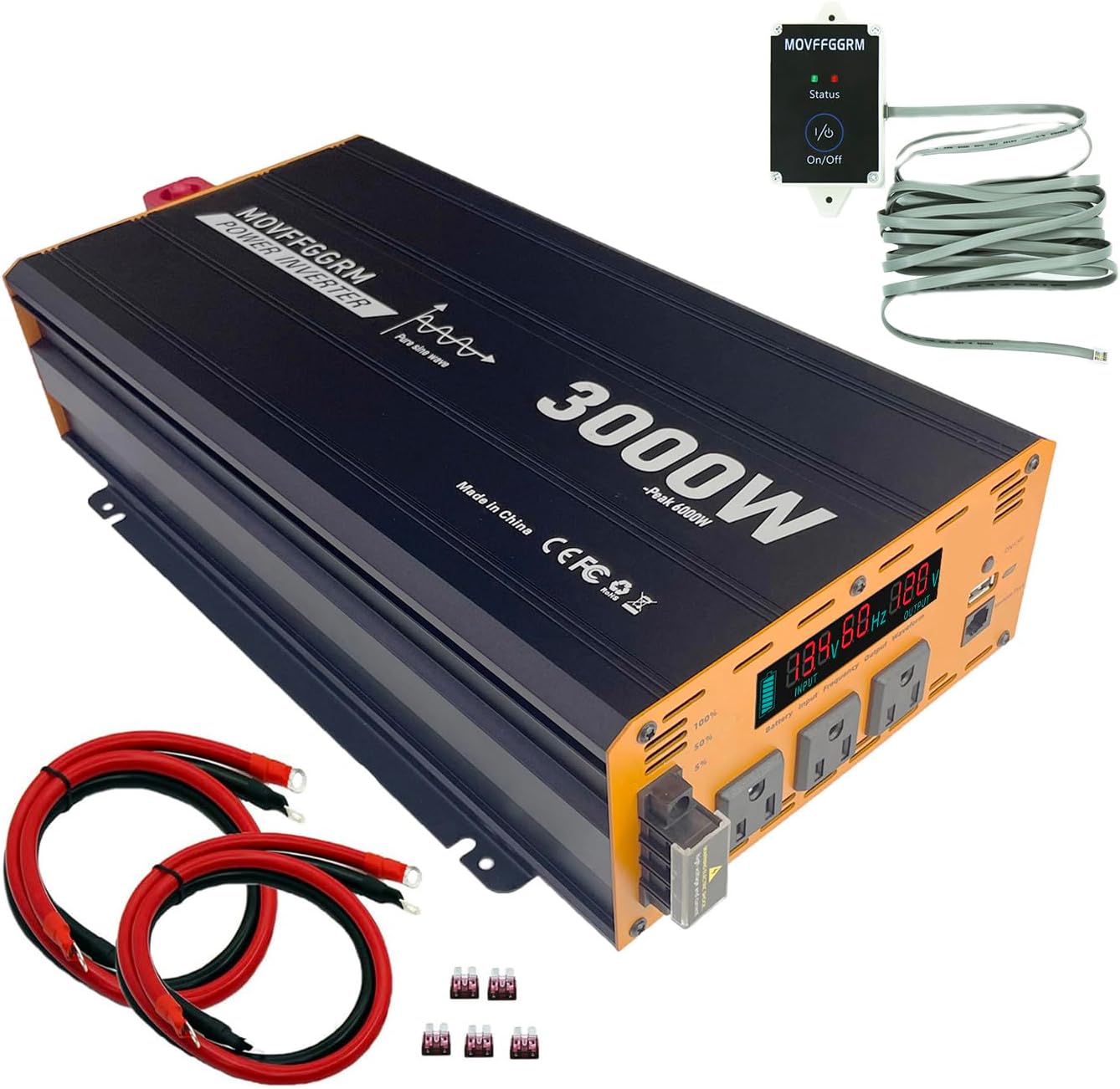 3000W Pure Sine Wave Power Inverter peak-6000 Watt,DC 12V to 110V,with 3xAC,USB Port,LCD Digital Display