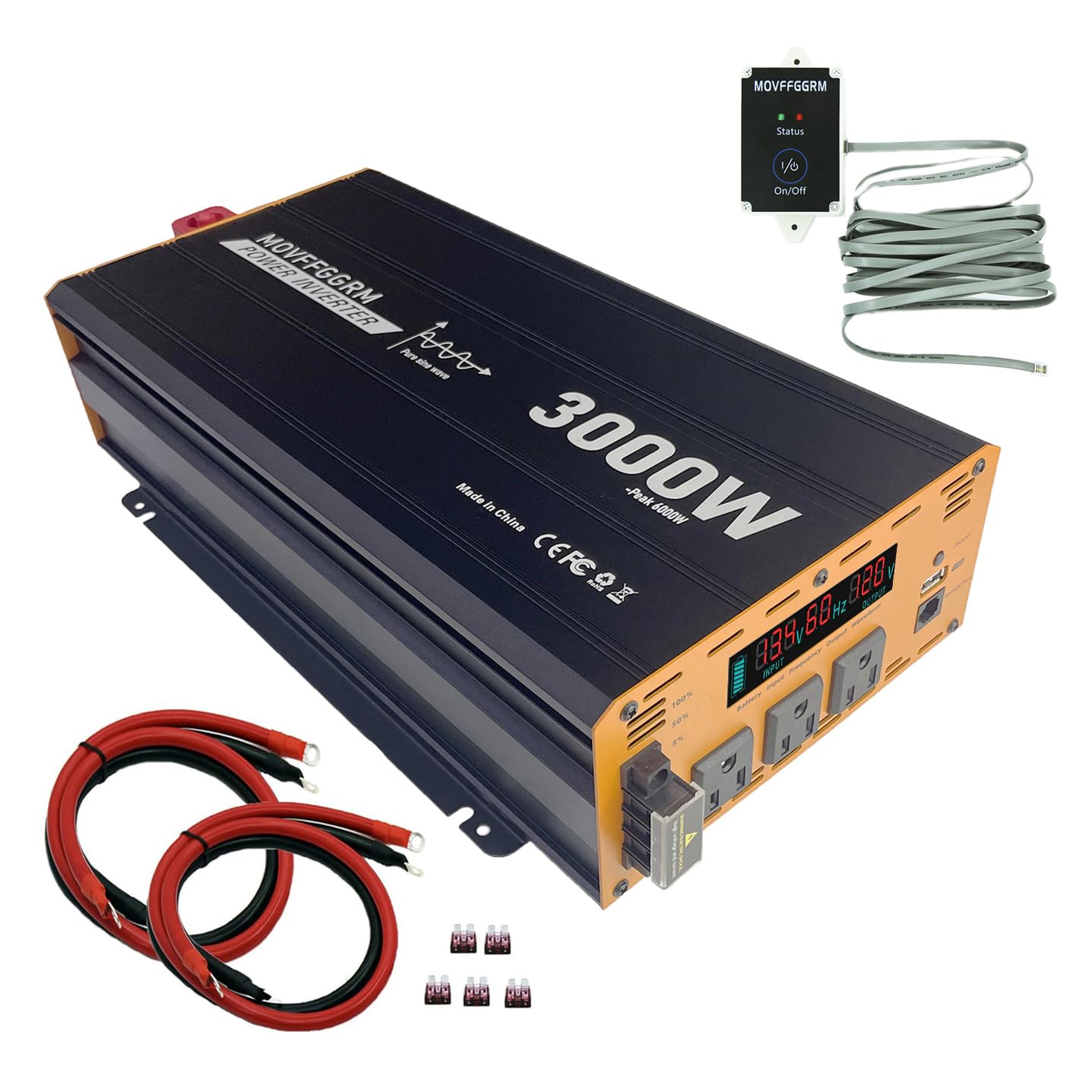 3000W Pure Sine Wave Power Inverter peak-6000 Watt,DC 12V to 110V,with 3xAC,USB Port,LCD Digital Display