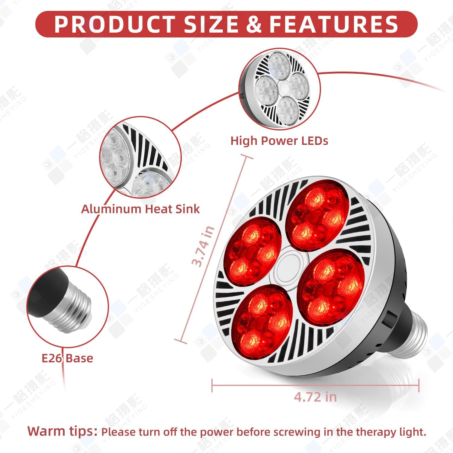 Red Light Lamp - 24 LED, 660nm & 850nm Wavelengths, Energy Efficient, E26 Base, Red Color