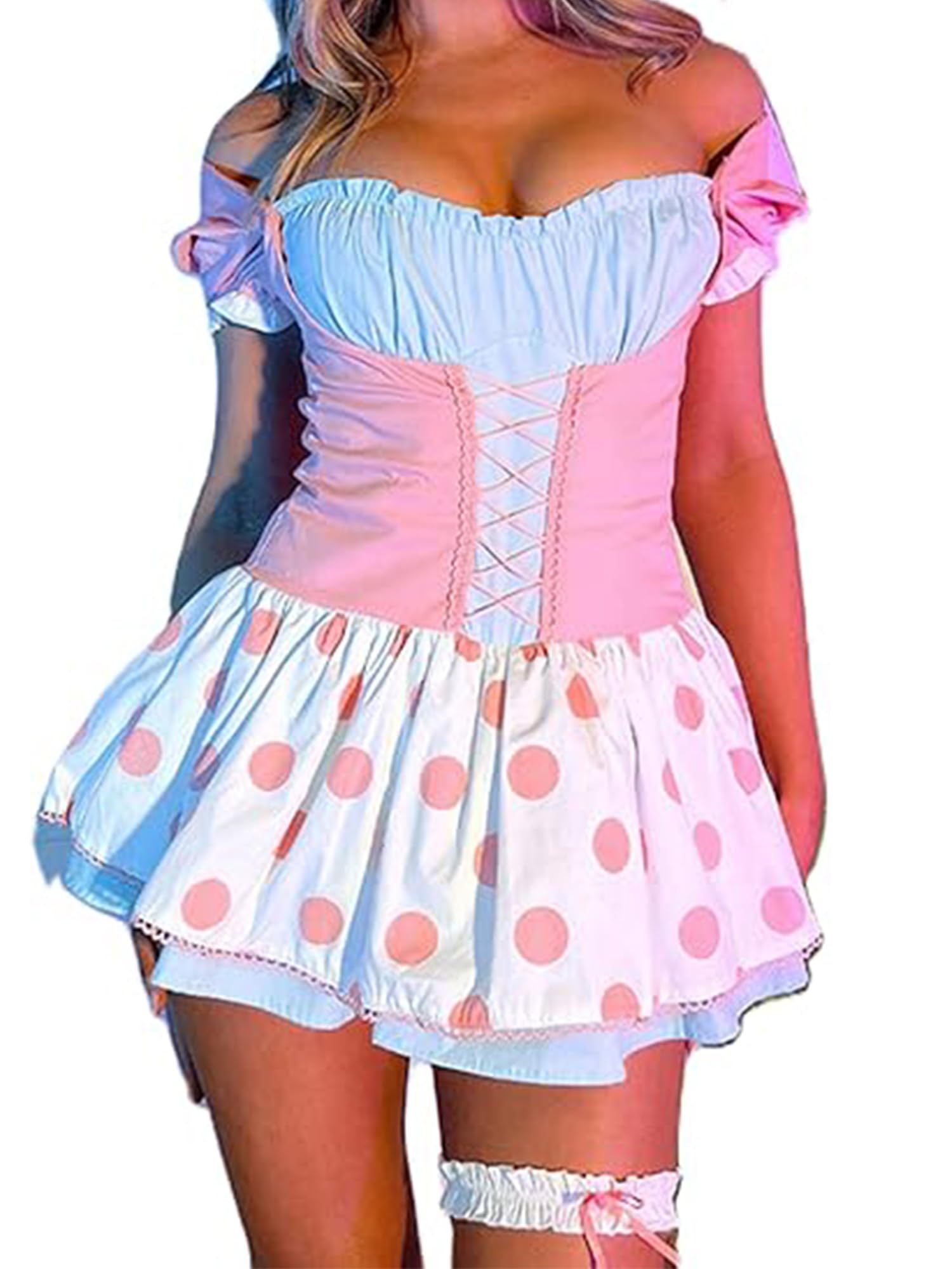 Women Adult Halloween Costume Little Bo Peep Cosplay Fancy Dress (Pink, L)