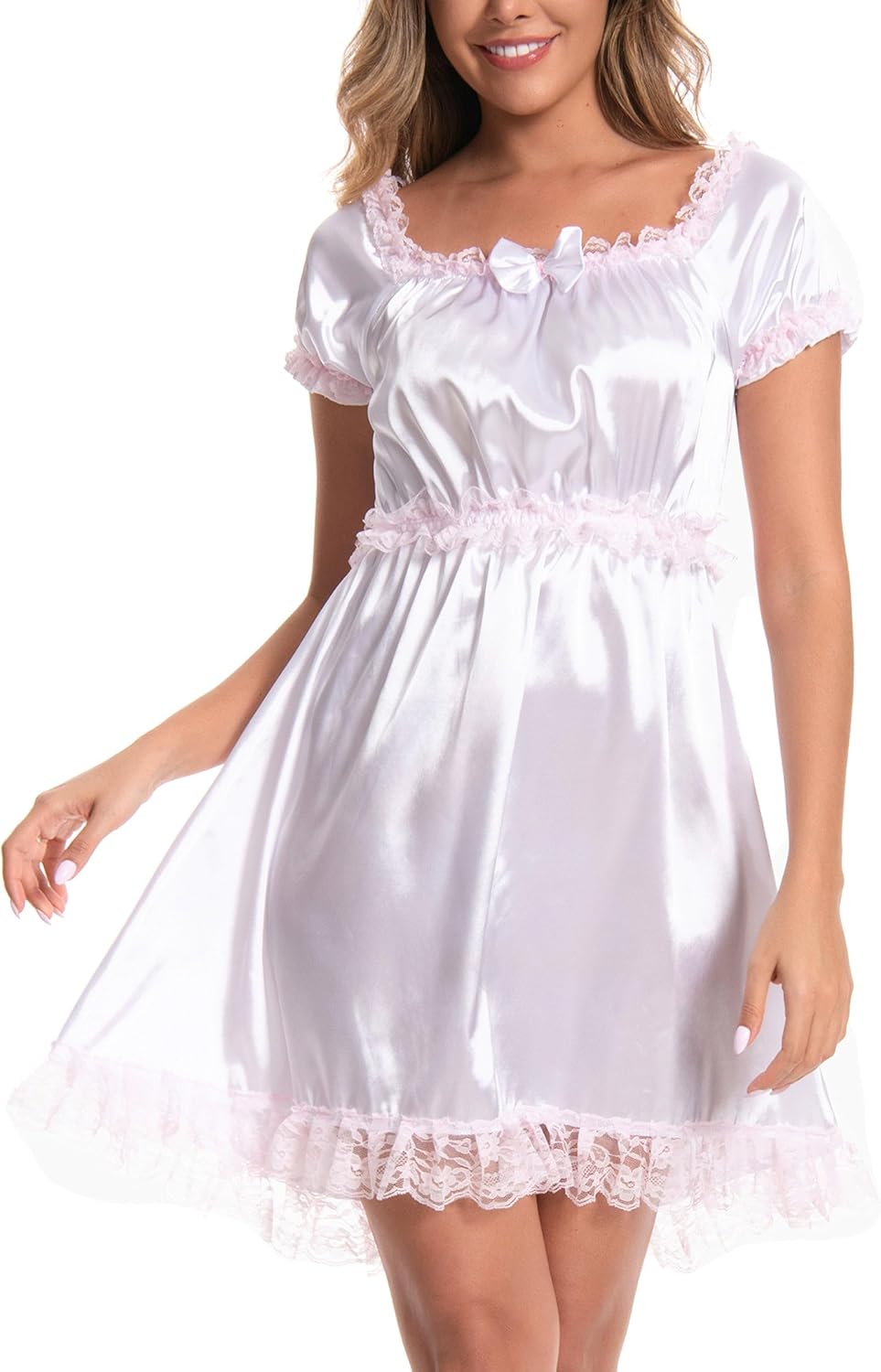 Satini Lingerie Satin Sissy Babydoll Ruffles Frilly Lace Slip Nightwear Dress