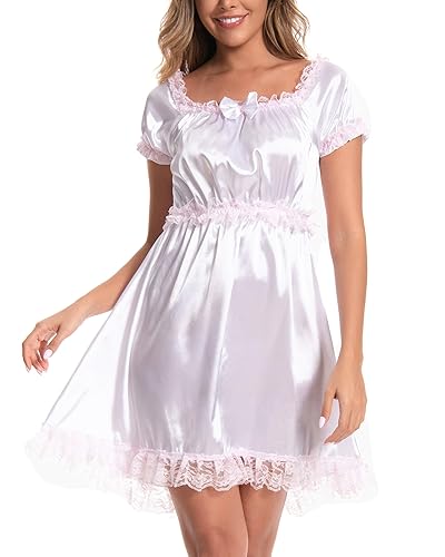 Satini Lingerie Satin Sissy Babydoll Ruffles Frilly Lace Slip Nightwear