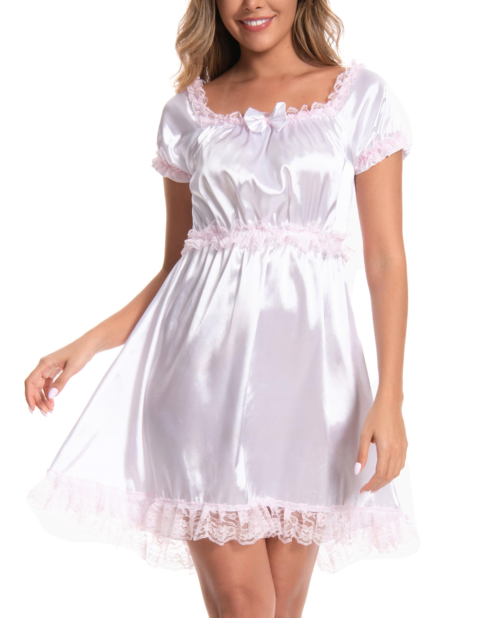 Satini Sissy Satin Nachthemd Maid Spitze Rüschen Dessous