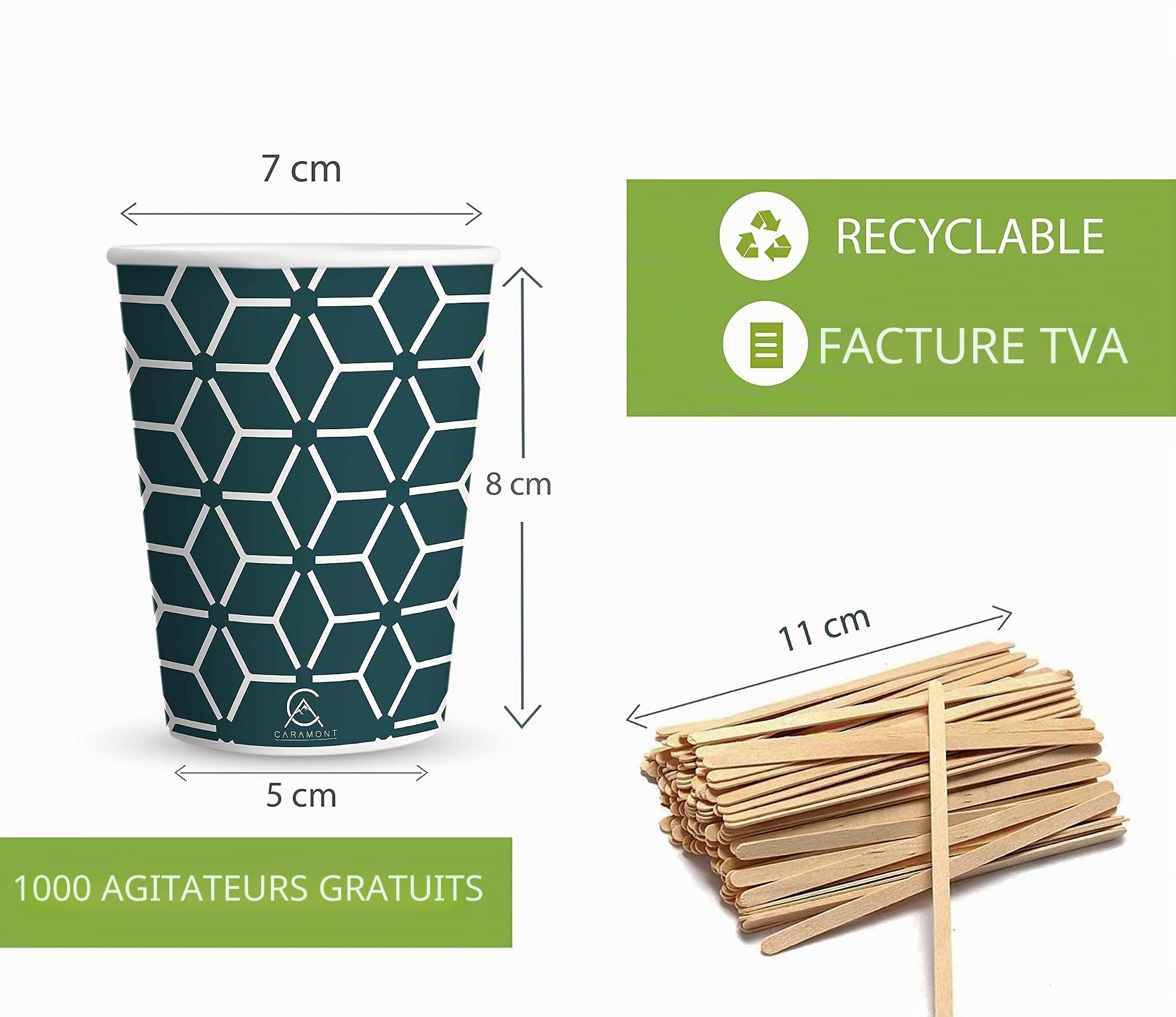 Caramont,7 Oz 1000 Gobelets en Carton avec Agitateurs en Bois,Écologique et Jetables,Résistant à la Chaleur,pour la Boisson Froide et Chaude en Carton de Qualité,Ideal pour Café,Thé,Anniversaire,etc
